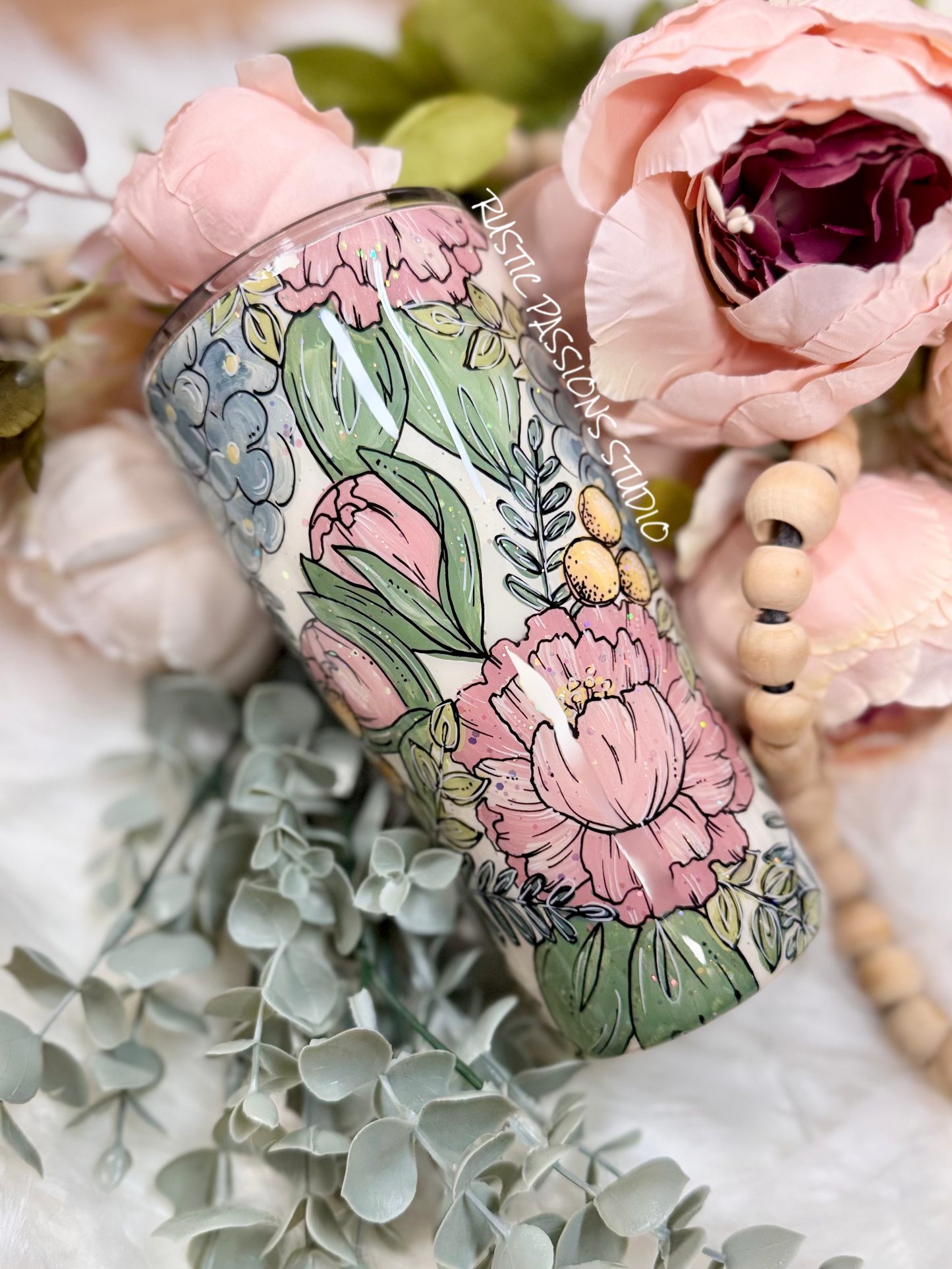 Peony and Hydrangea Hand Painted 20oz curve