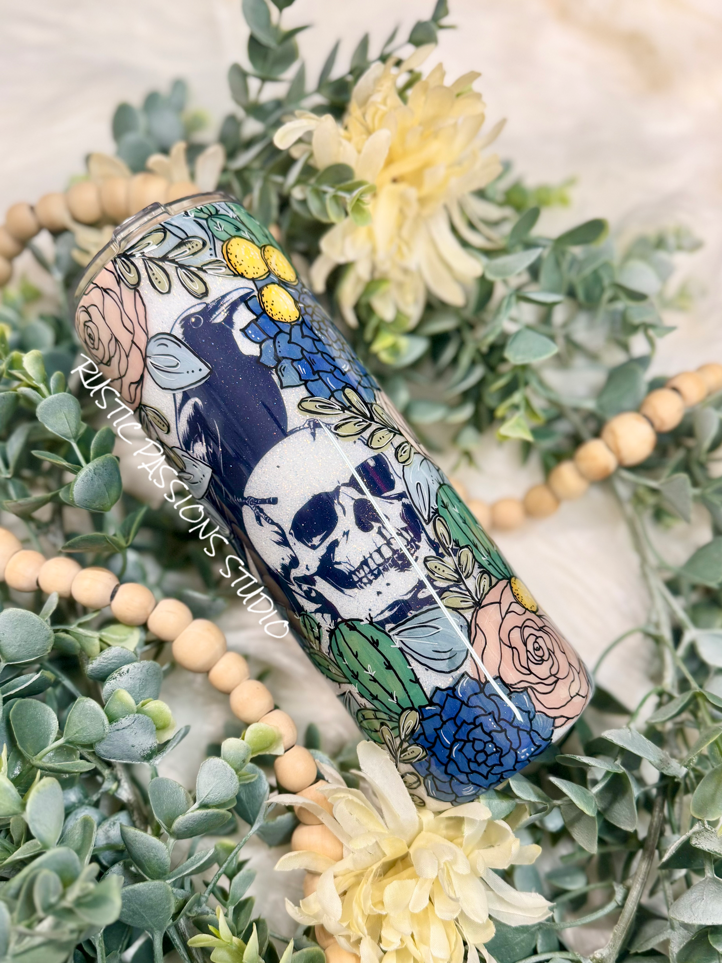 BOHO floral Crow and Skulls, Hand Painted 24 oz Plump