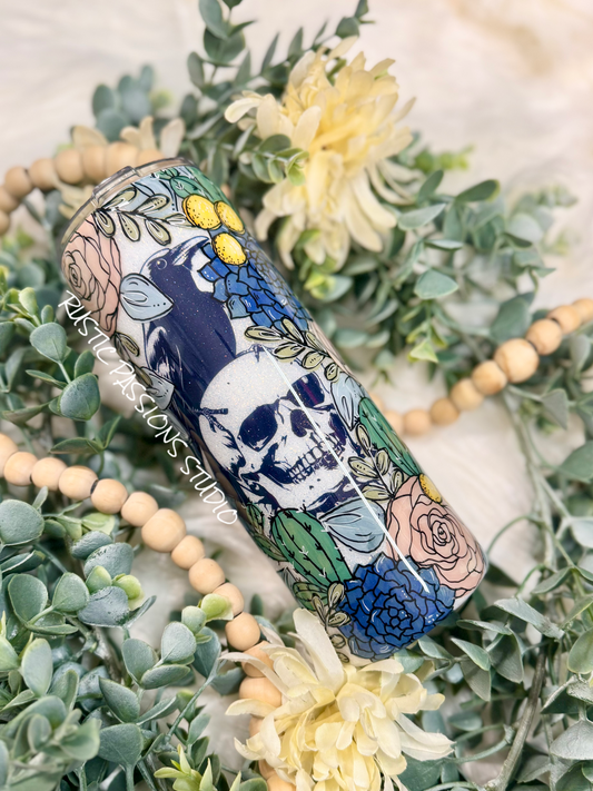 BOHO floral Crow and Skulls, Hand Painted 24 oz Plump