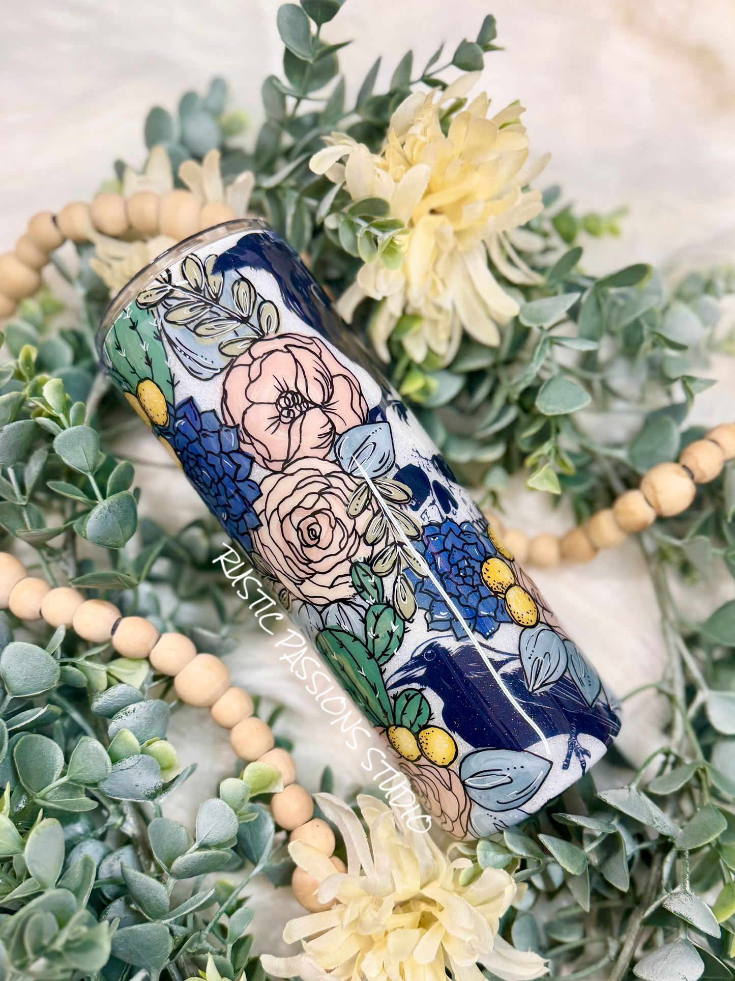 BOHO floral Crow and Skulls, Hand Painted 24 oz Plump