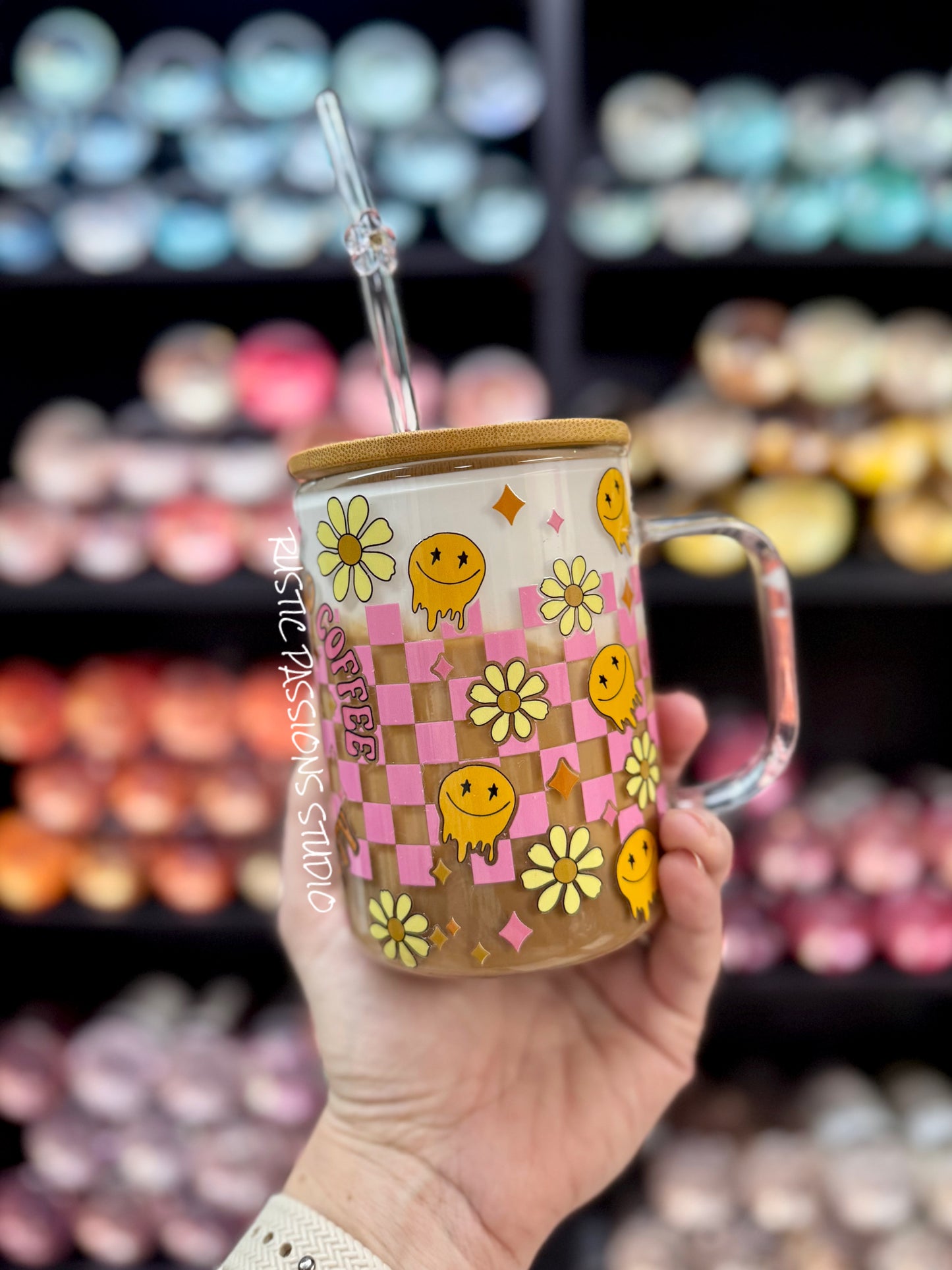 16oz glass Snowglobe Fueled by Iced Coffee and Anxiety