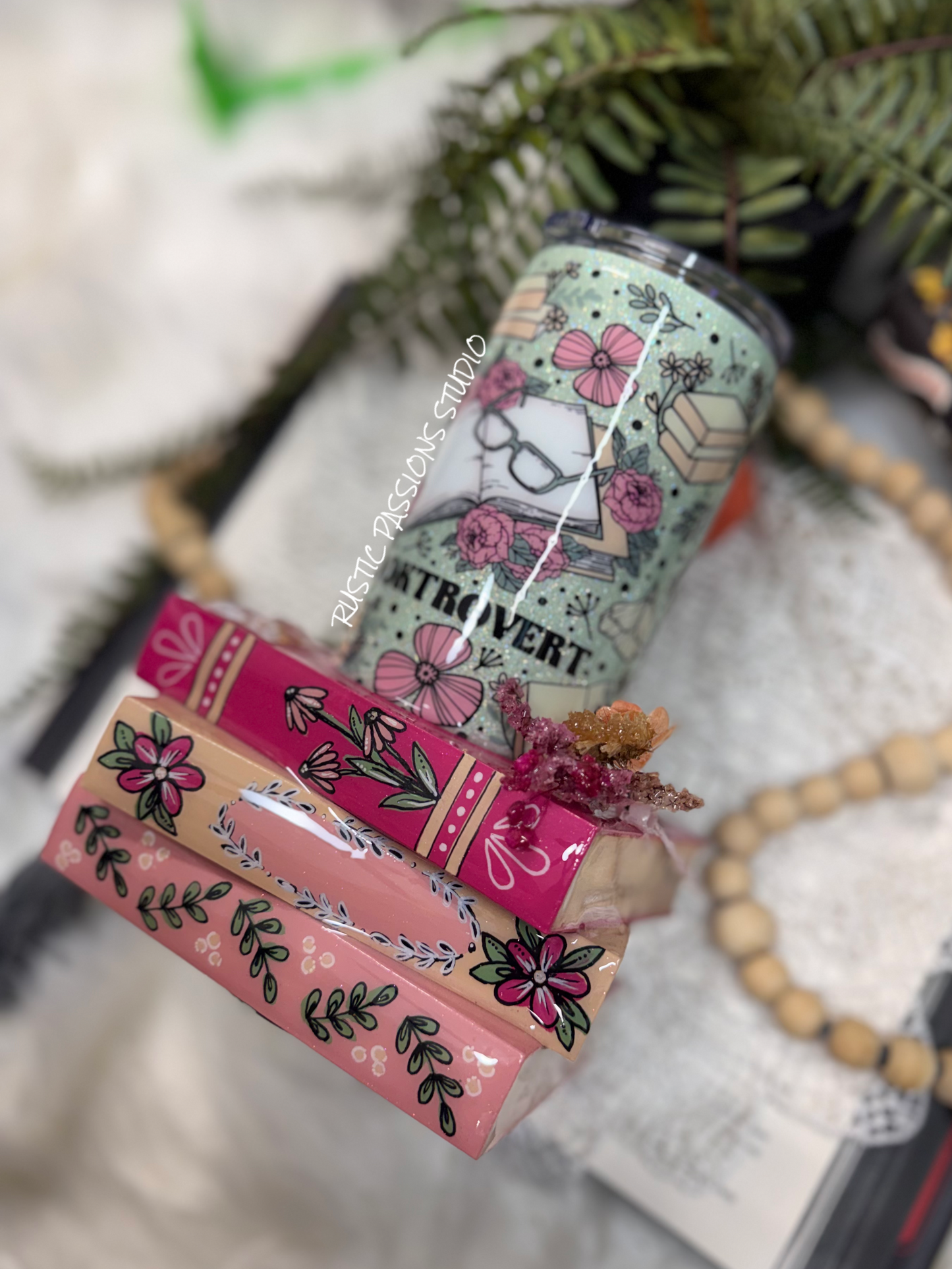 24 oz - 3D Floral Book Tumbler with Hand Painted Books