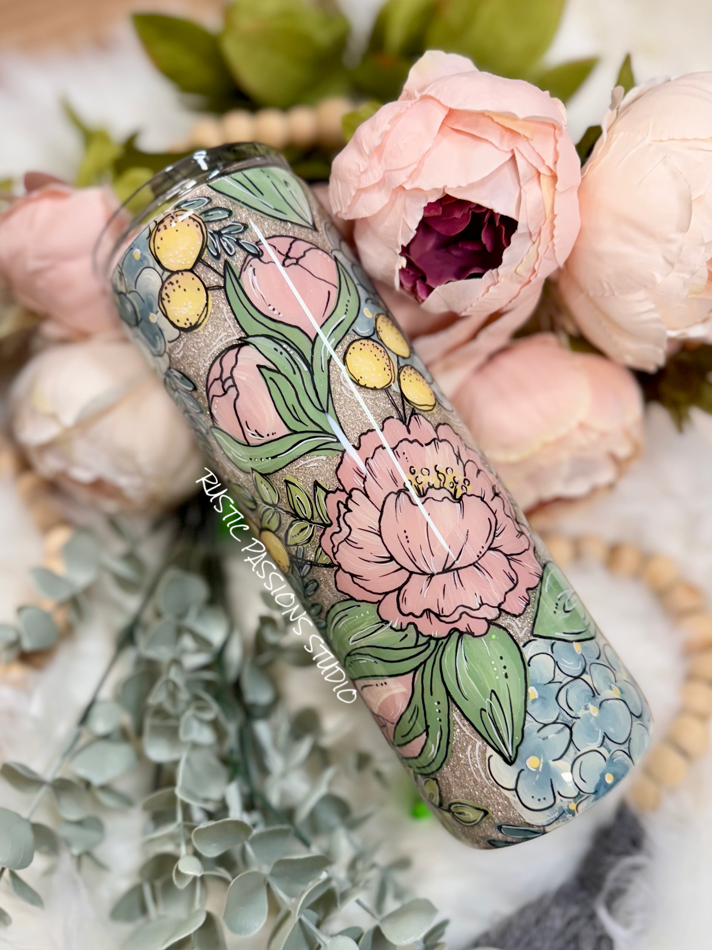Peony and Hydrangea Hand Painted 20oz skinny