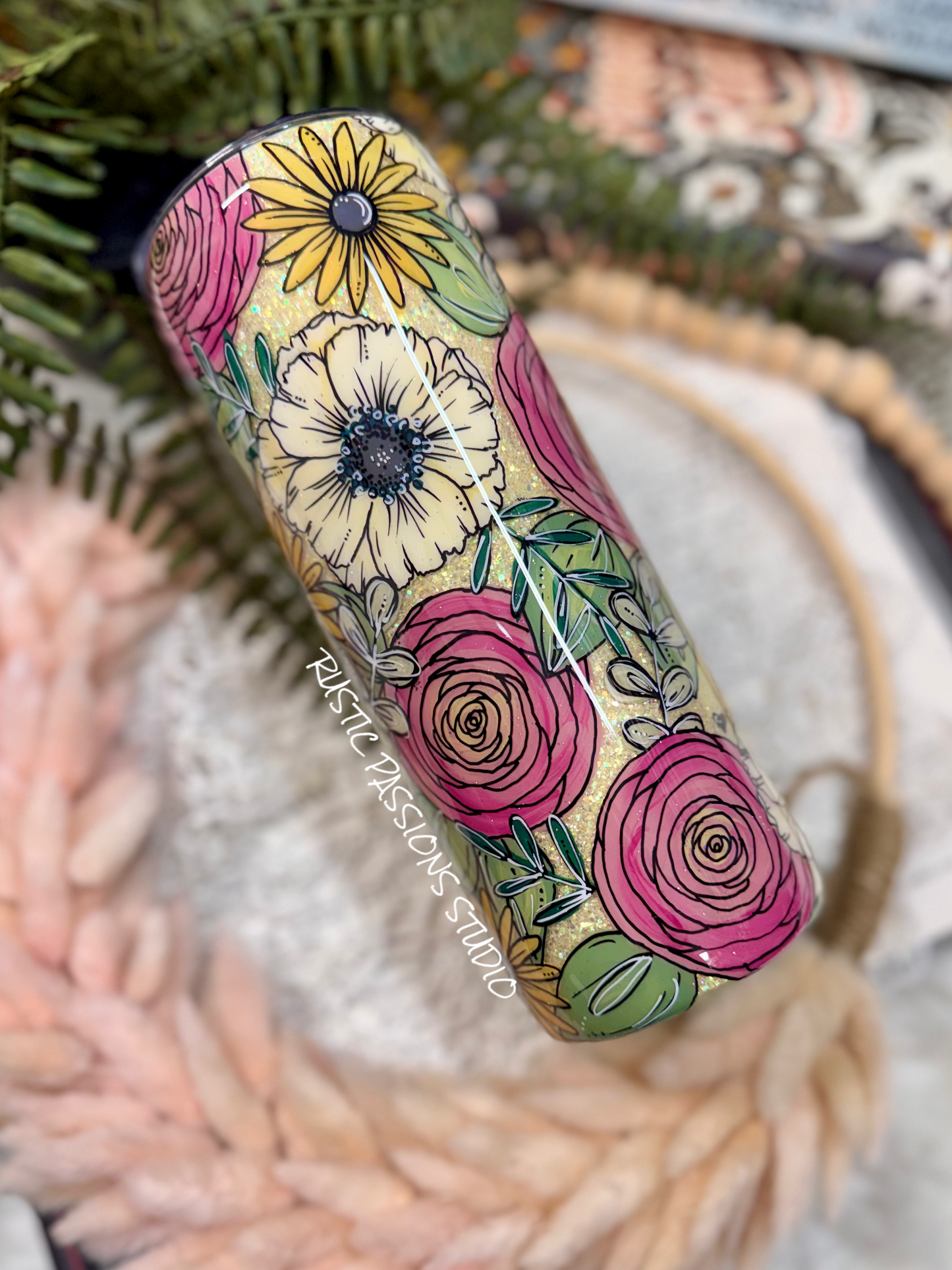 20 oz skinny Anemone and Buttercup Hand Painted