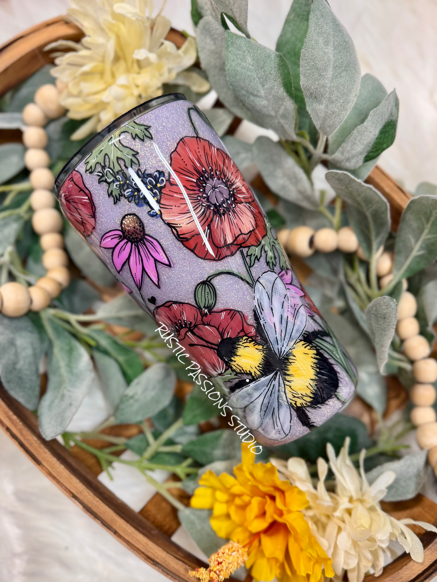 Bee and Wildflowers Hand Painted 20oz curve