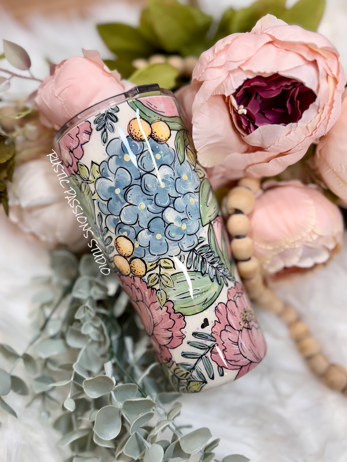 Peony and Hydrangea Hand Painted 20oz curve