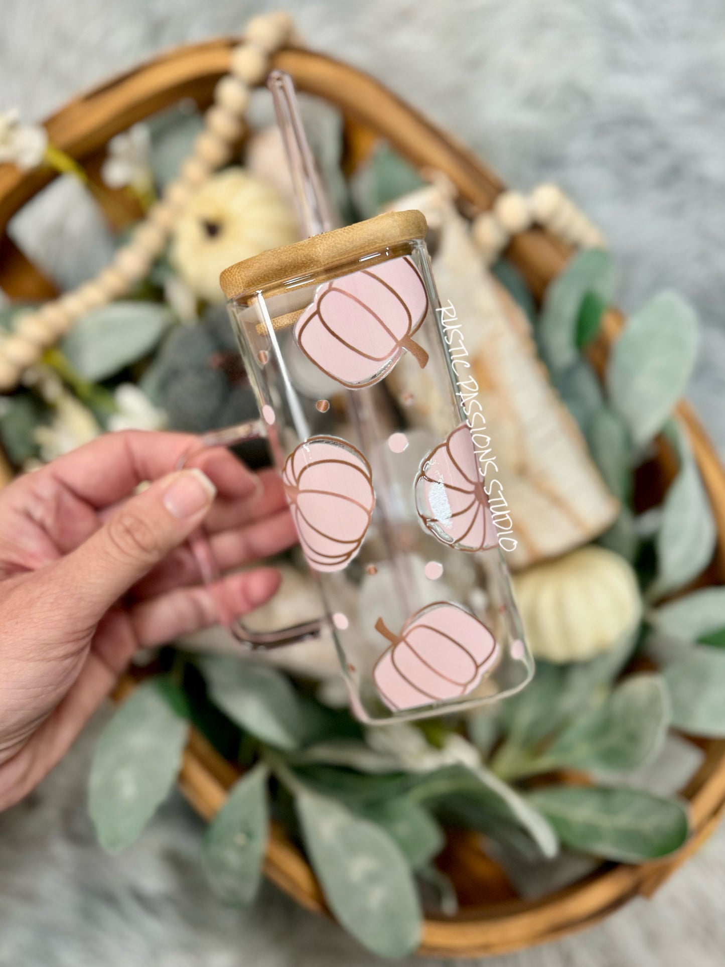 12 oz square glass can pink pumpkin tumbler