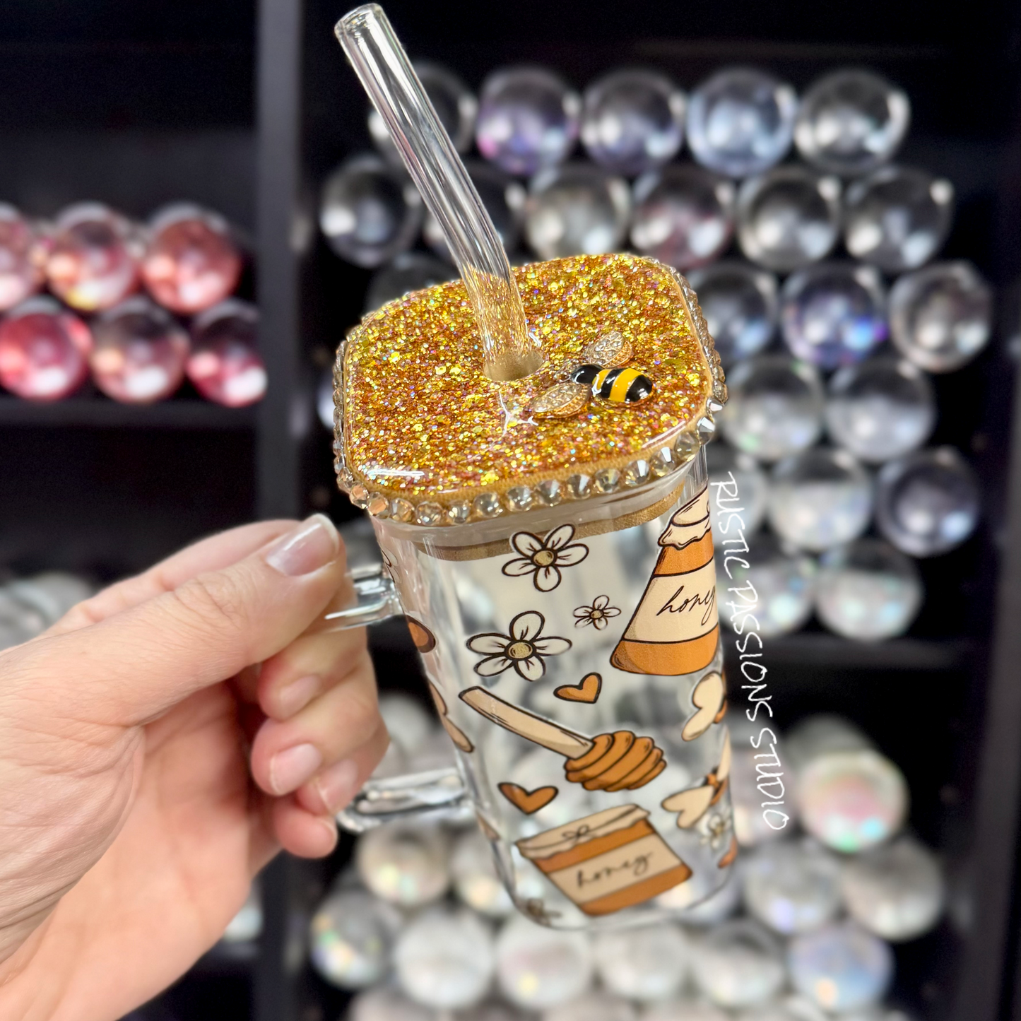 12 oz Square glass can Bee and Honey Tumbler with Rhinestones