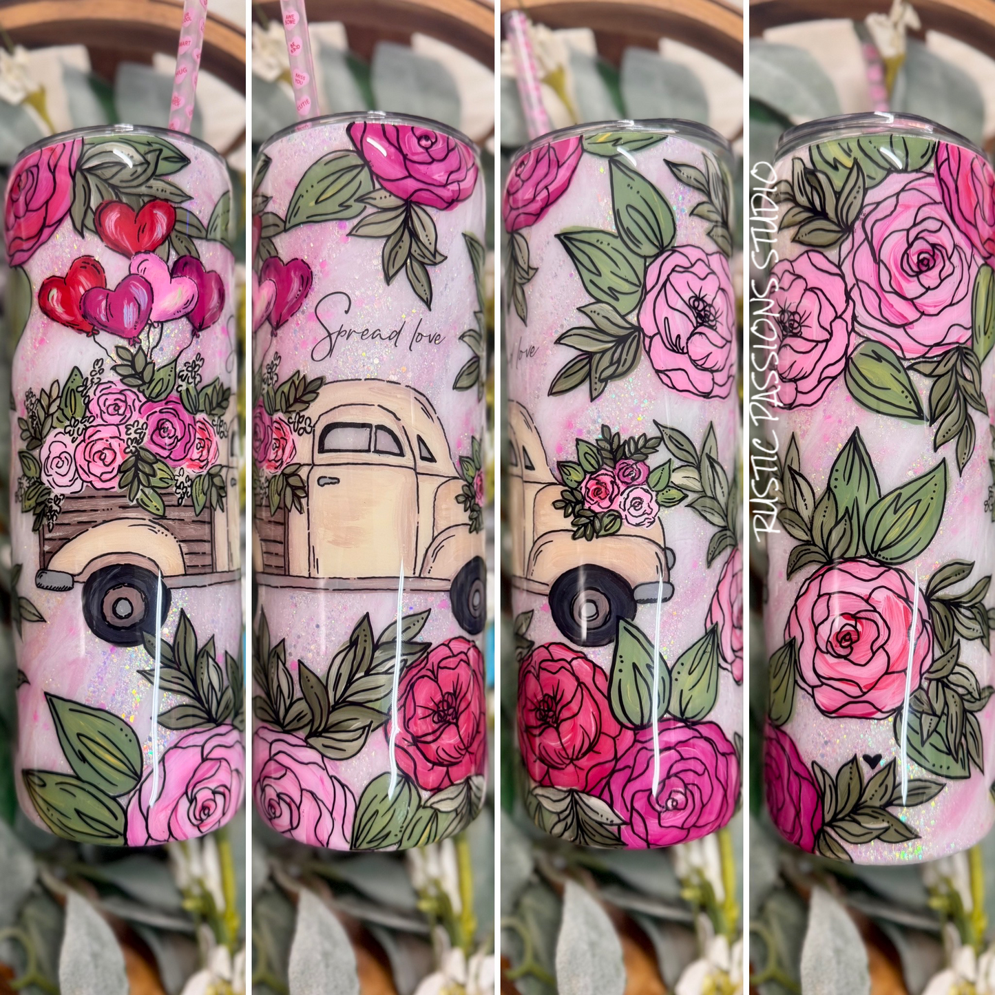 Hand Painted 20 oz skinny Vintage Truck and Florals with Balloons