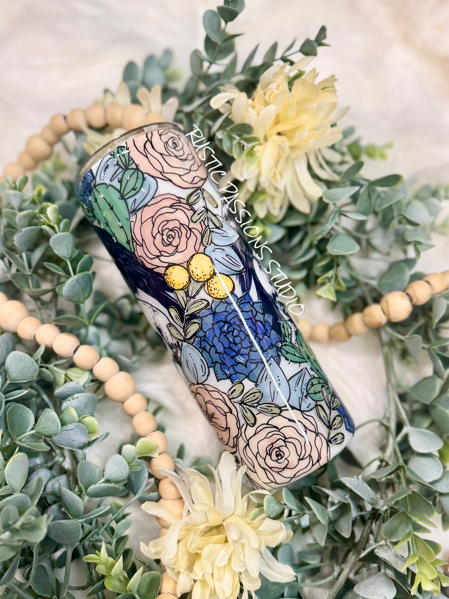 BOHO floral Crow and Skulls, Hand Painted 24 oz Plump