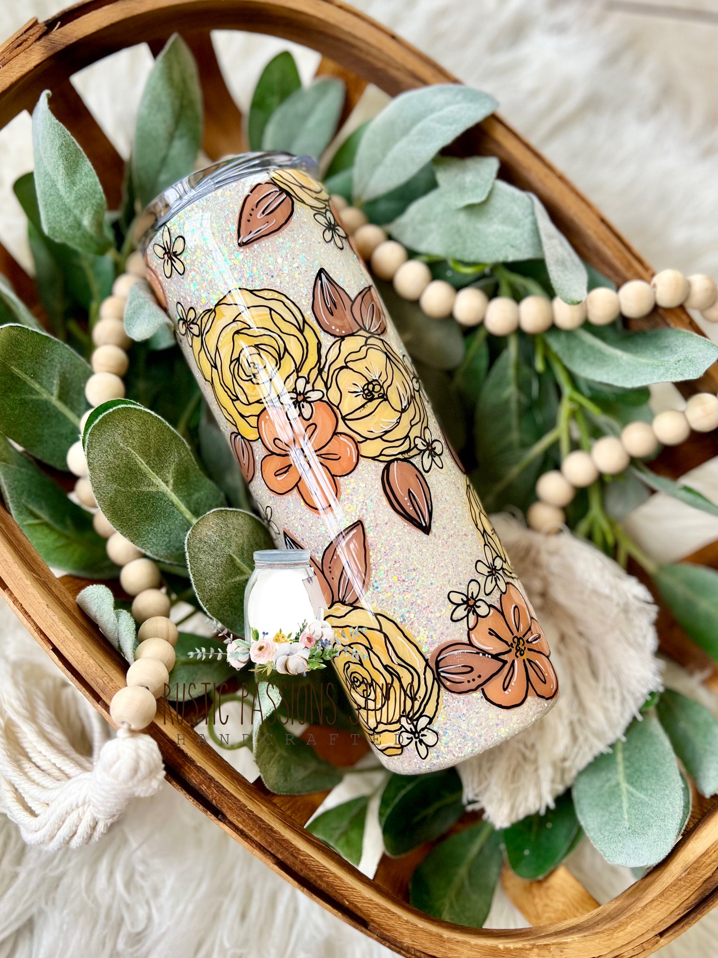 20 oz Hand Painted Floral and Bee Vinyl Tumbler