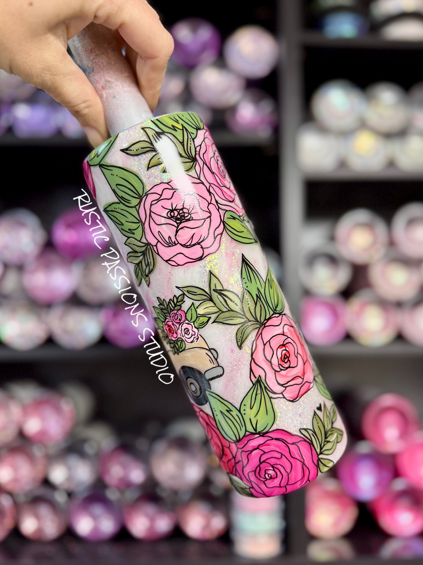 Hand Painted 20 oz skinny Vintage Truck and Florals with Balloons