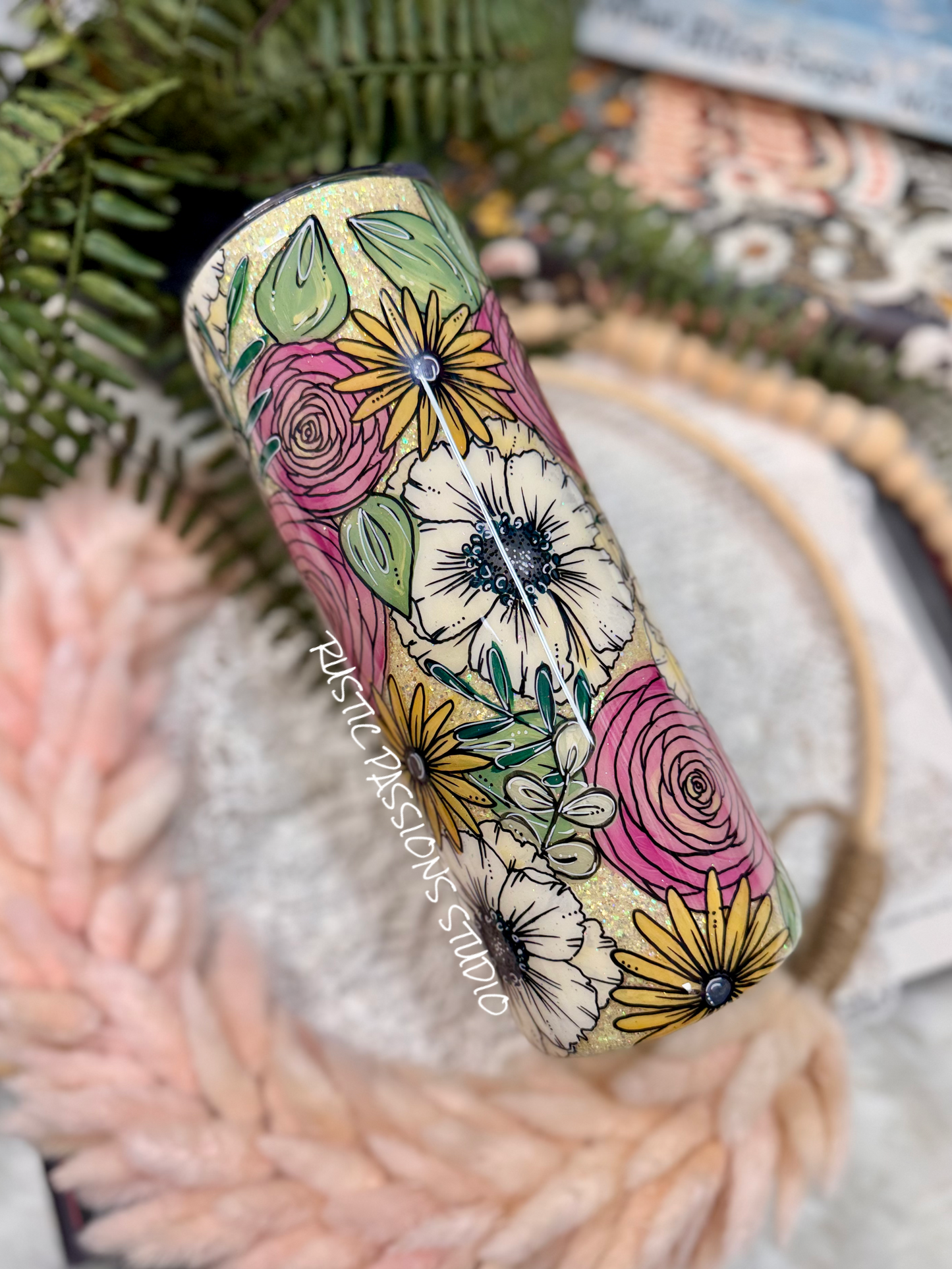 20 oz skinny Anemone and Buttercup Hand Painted