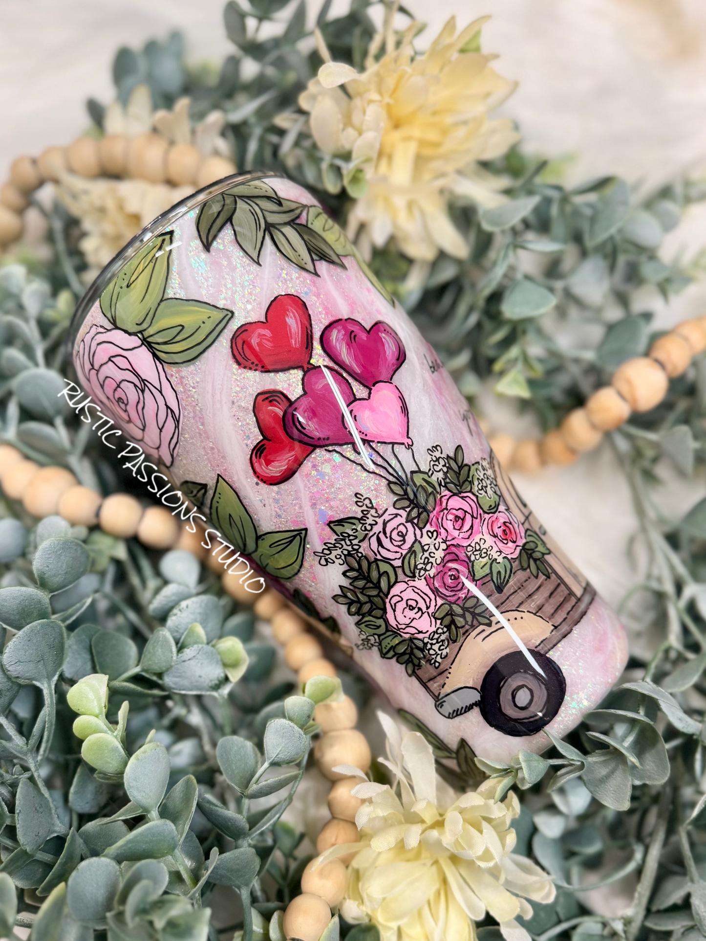 Hand Painted 30oz curve Vintage Truck and Florals with Balloons