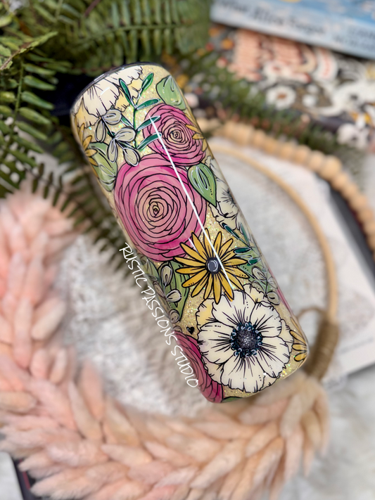 20 oz skinny Anemone and Buttercup Hand Painted
