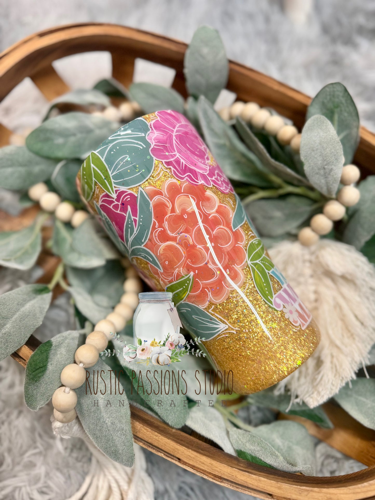 Hand Painted 20 oz curve Hydrangeas & Peonies