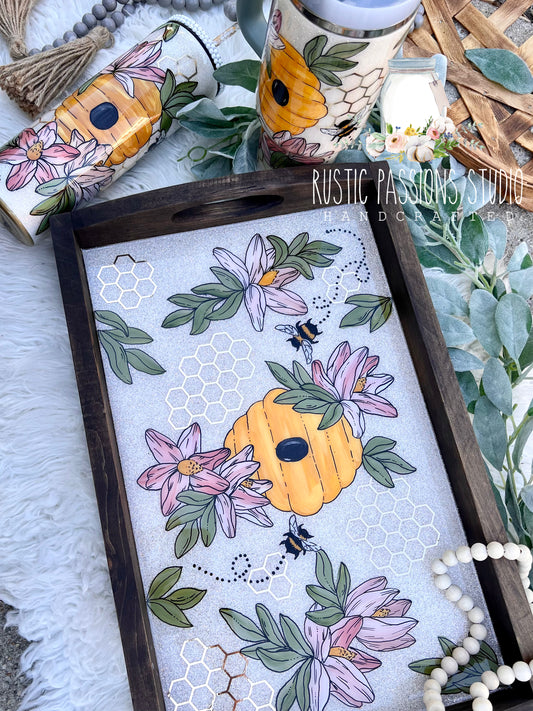 Large handles tray with hand painted florals and bees