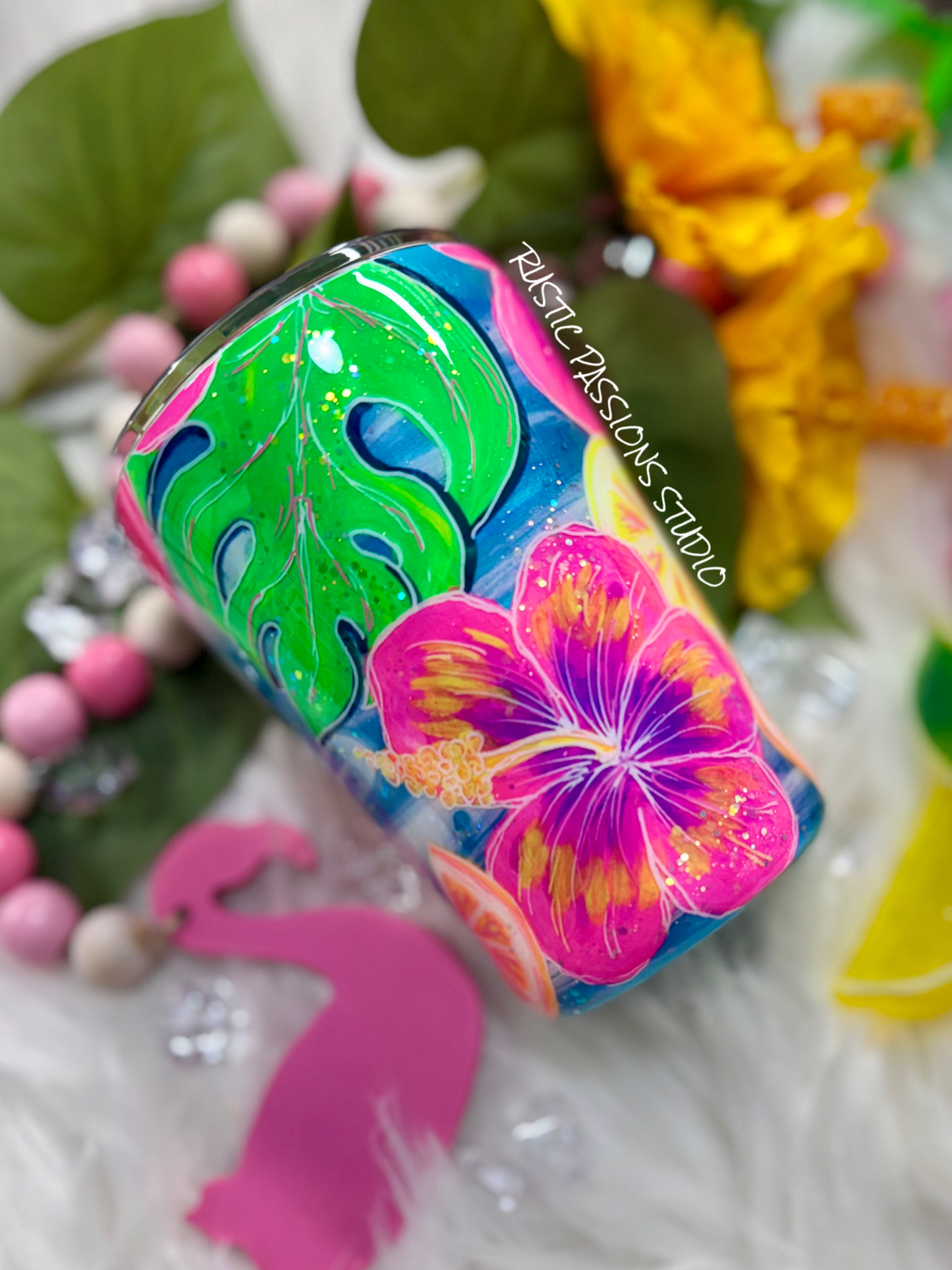 Hand painted Tropical Summer, Flamingo, Beach 12 oz coffee mug