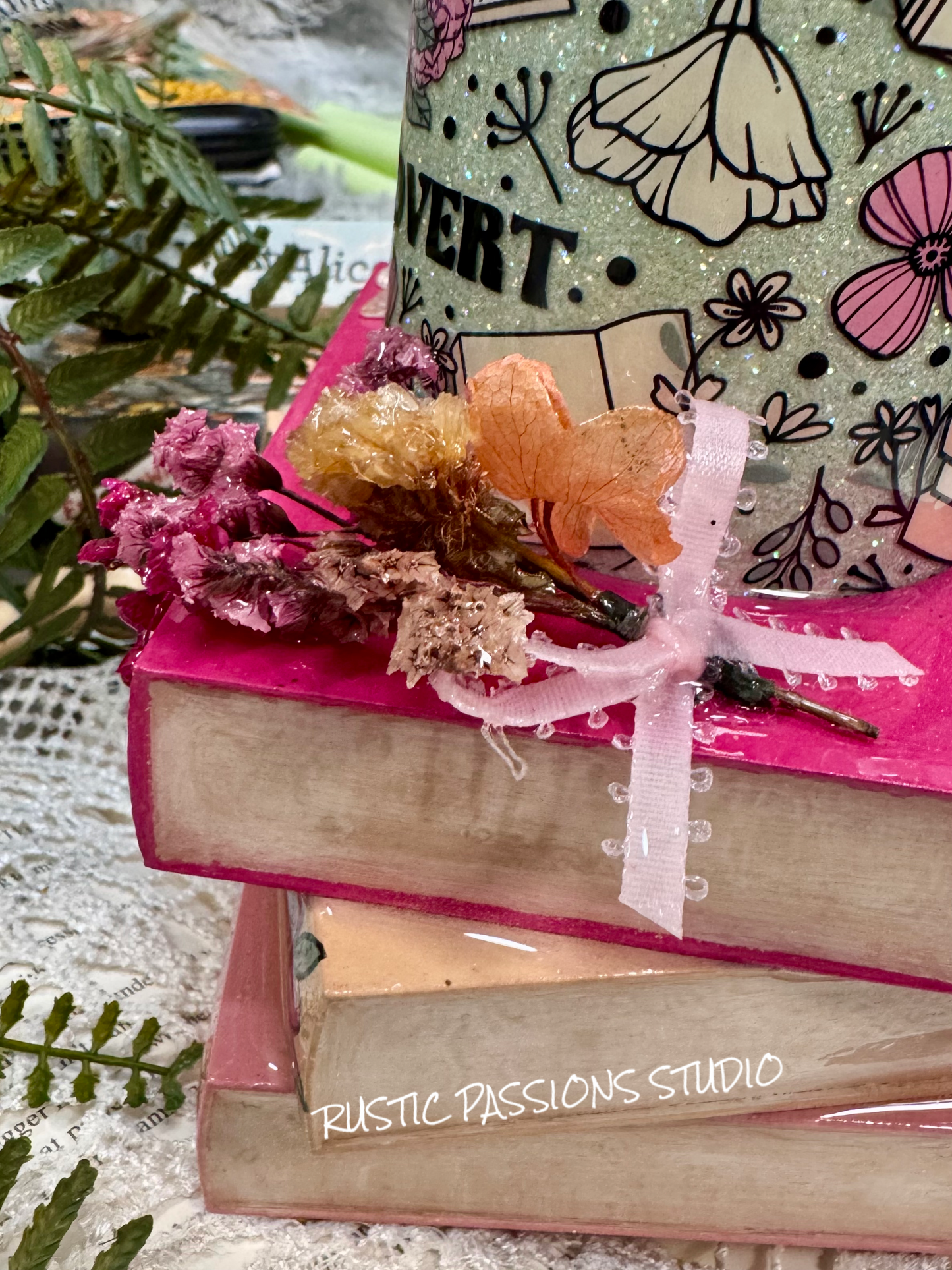 24 oz - 3D Floral Book Tumbler with Hand Painted Books