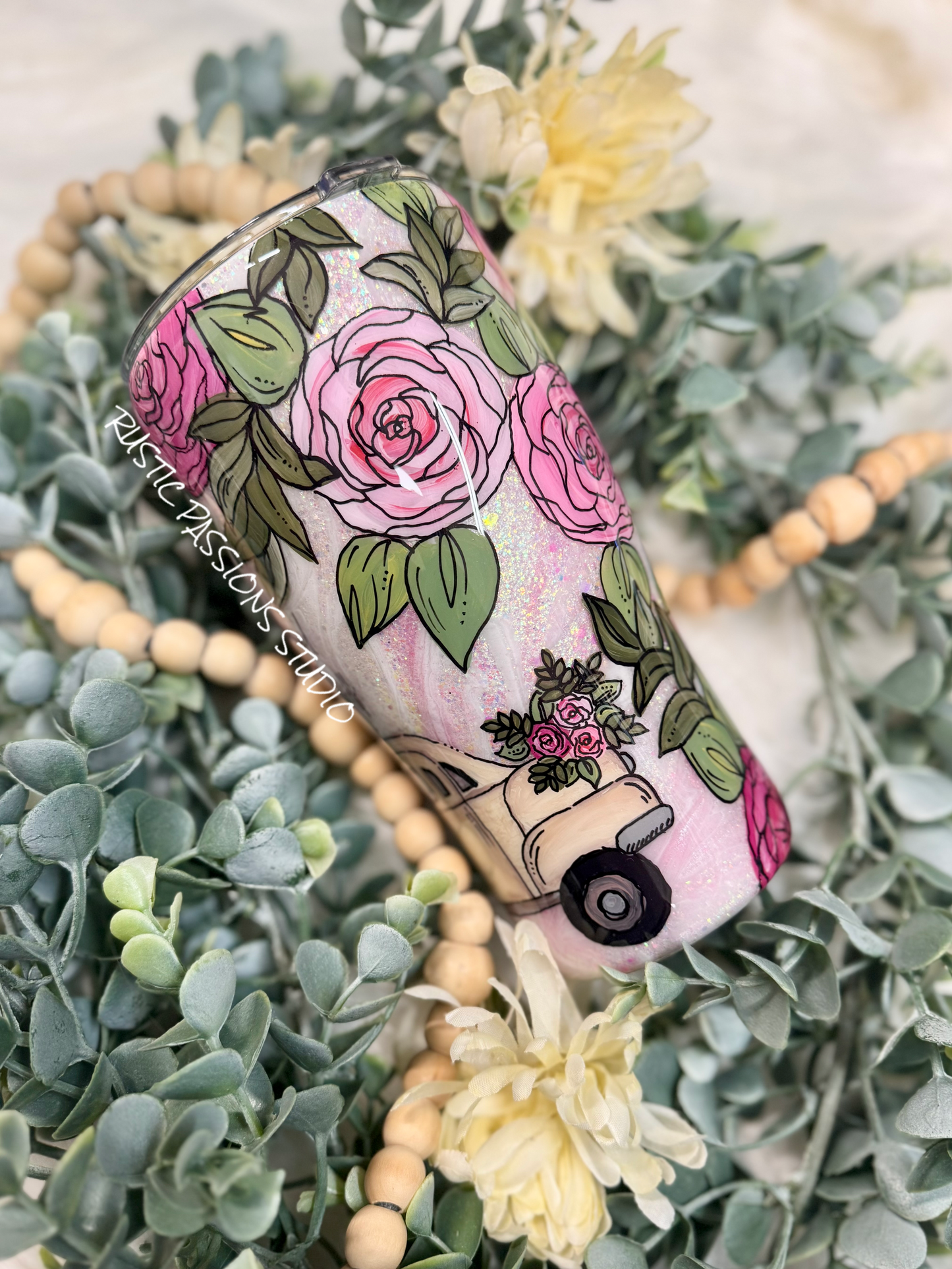 Hand Painted 30oz curve Vintage Truck and Florals with Balloons