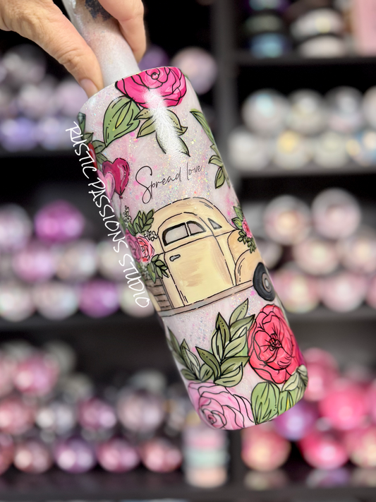 Hand Painted 20 oz skinny Vintage Truck and Florals with Balloons