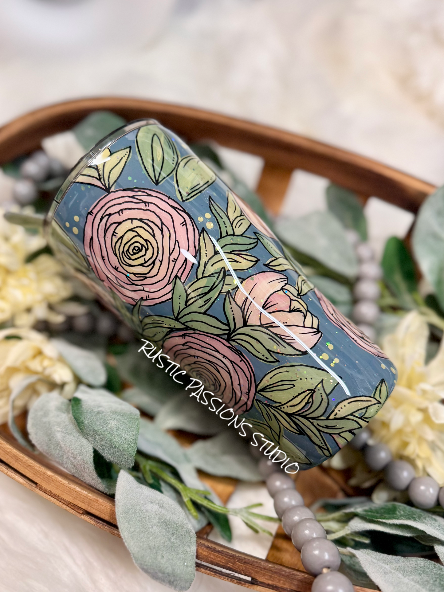 Hand Painted 20 oz curve Ranuculus (Buttercup) Florals