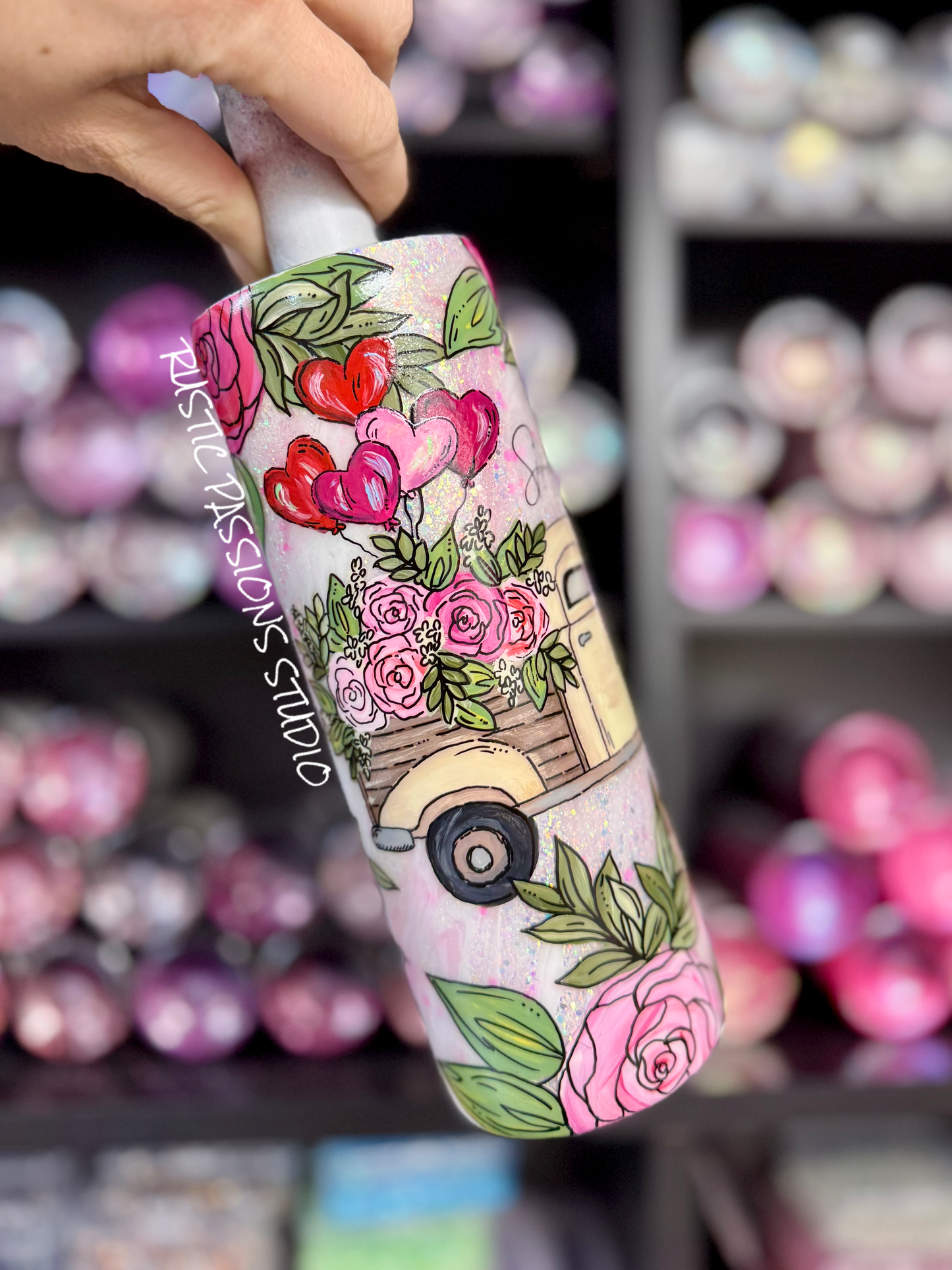 Hand Painted 20 oz skinny Vintage Truck and Florals with Balloons