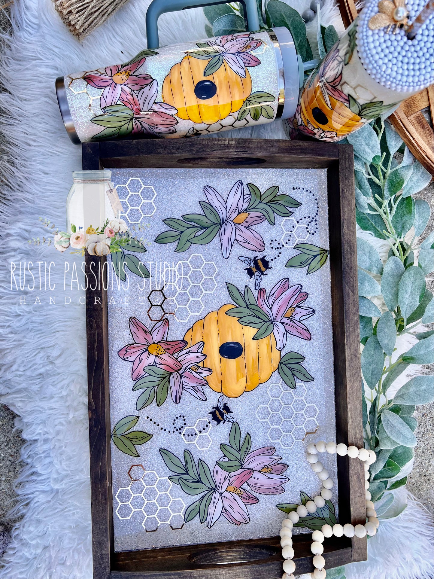 Large handles tray with hand painted florals and bees