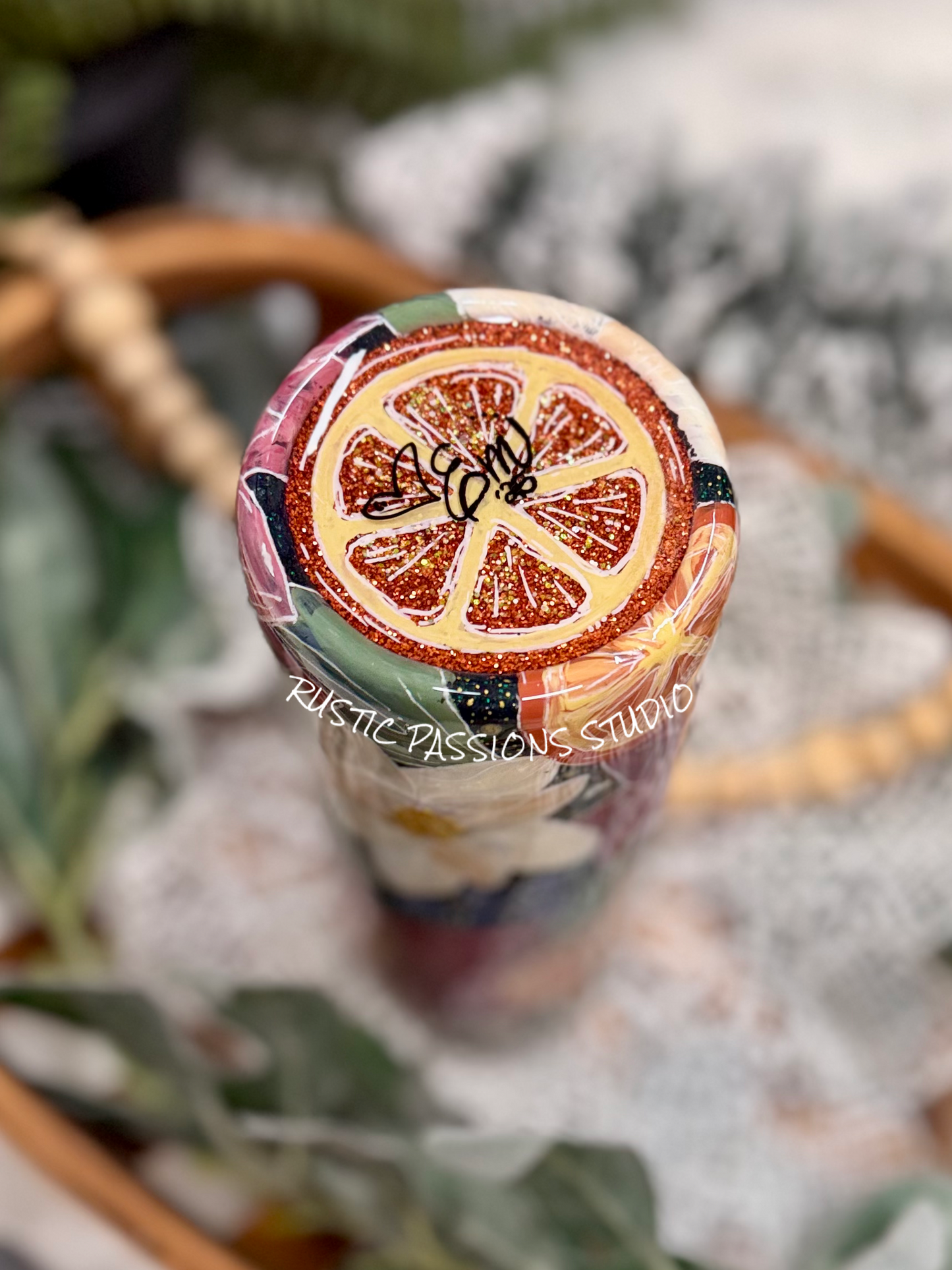 Hand painted 24oz Holiday Ornament, florals and dried oranges