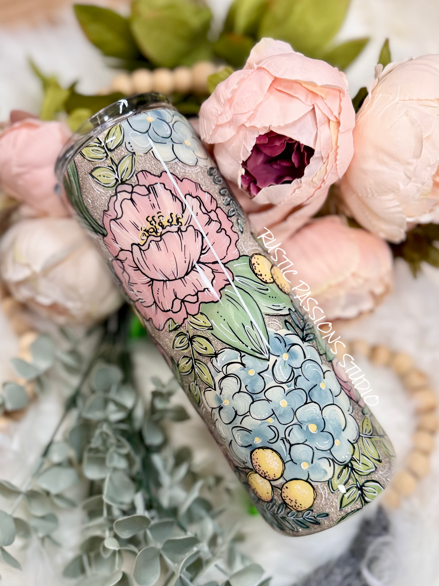 Peony and Hydrangea Hand Painted 20oz skinny