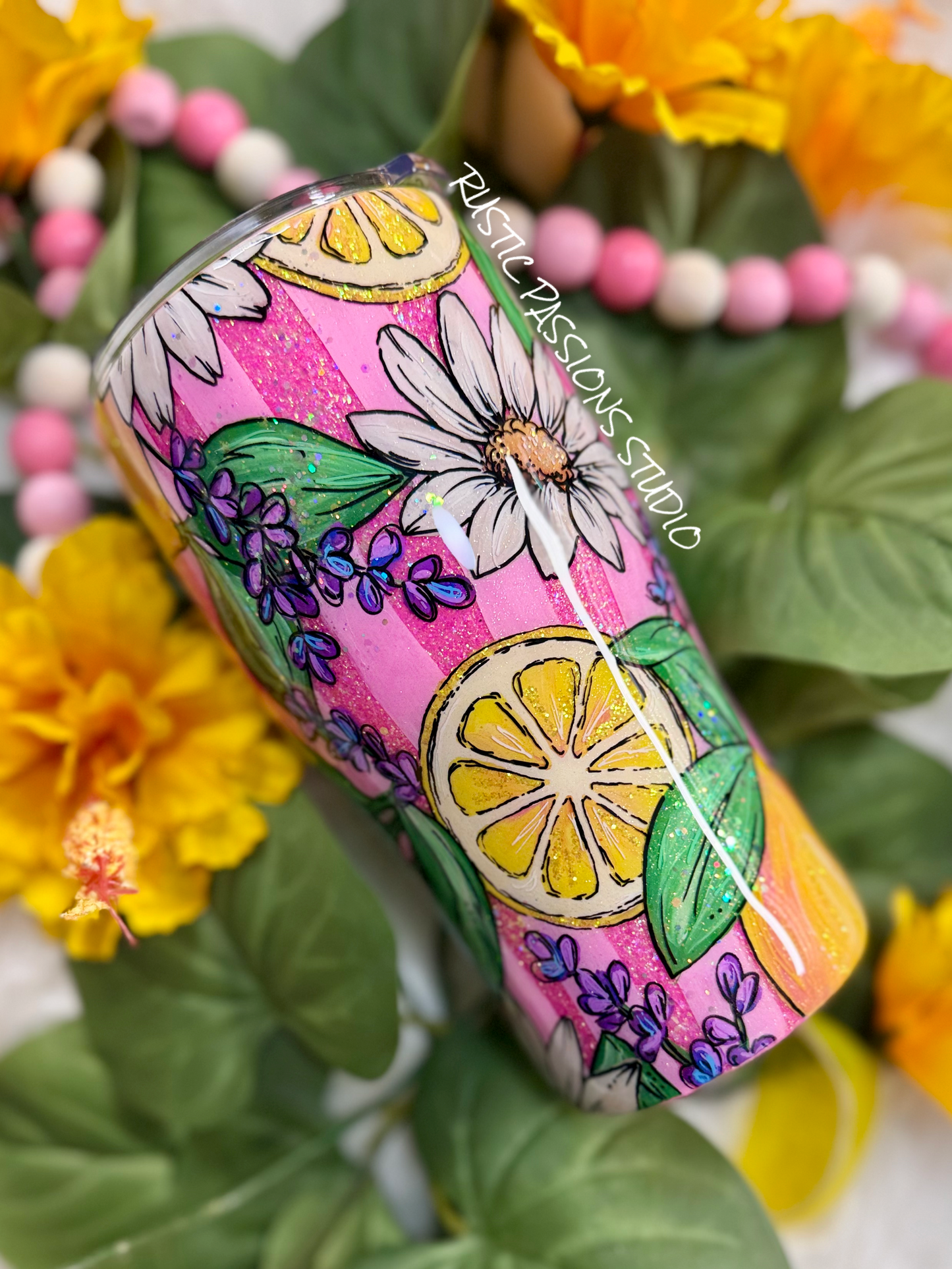20 oz curve Lemon Daisy Hand Painted Tumbler #2