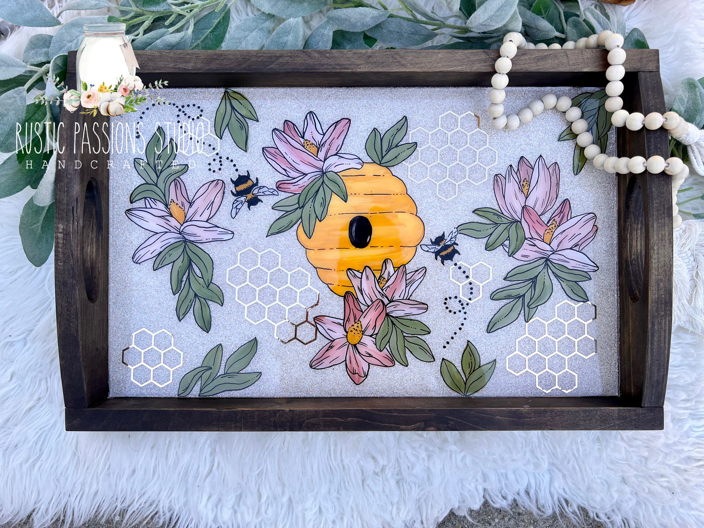 Large handles tray with hand painted florals and bees