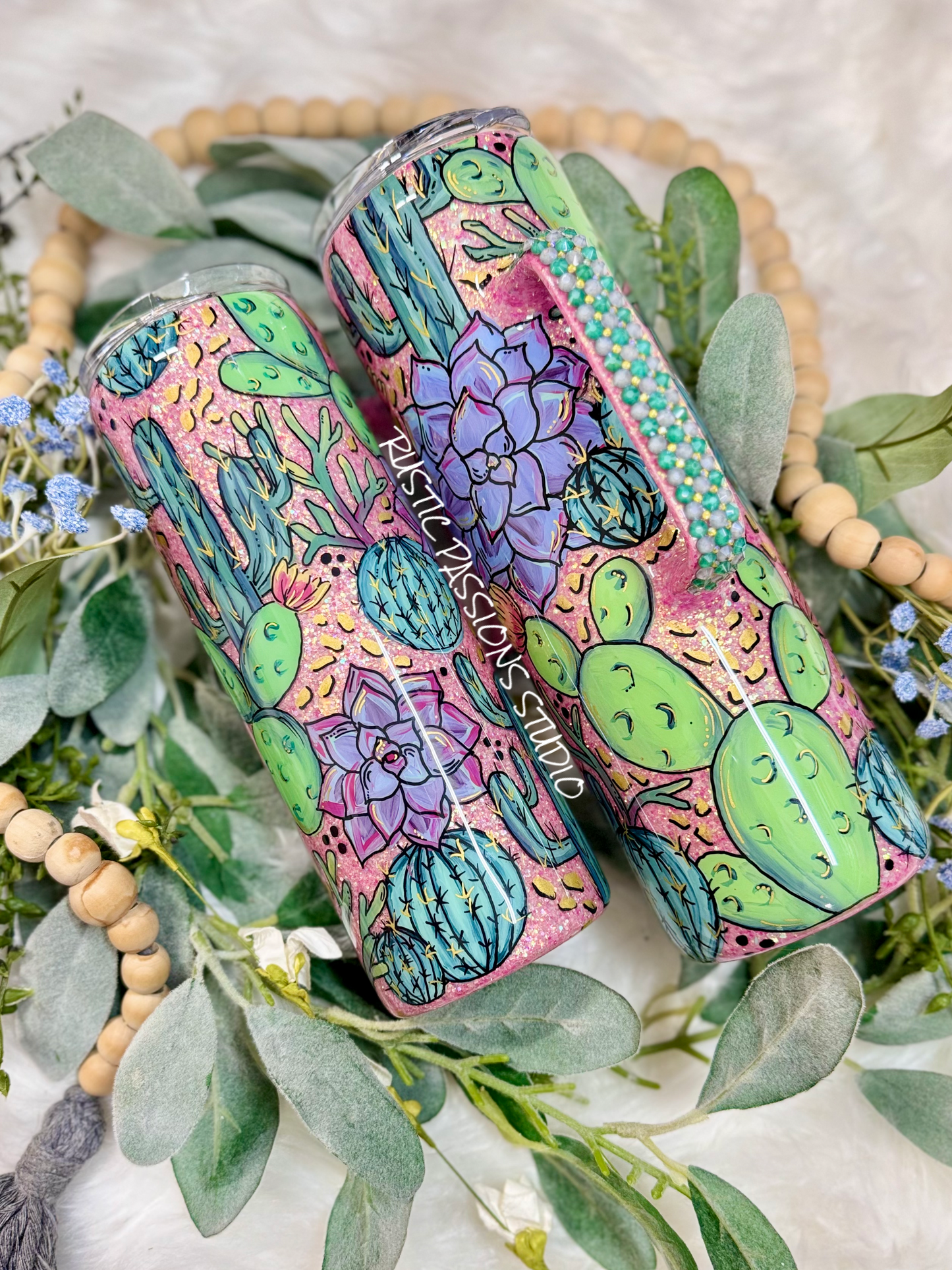 20 oz Hand painted succulent/cactus Tumbler and Rhinestone Handle