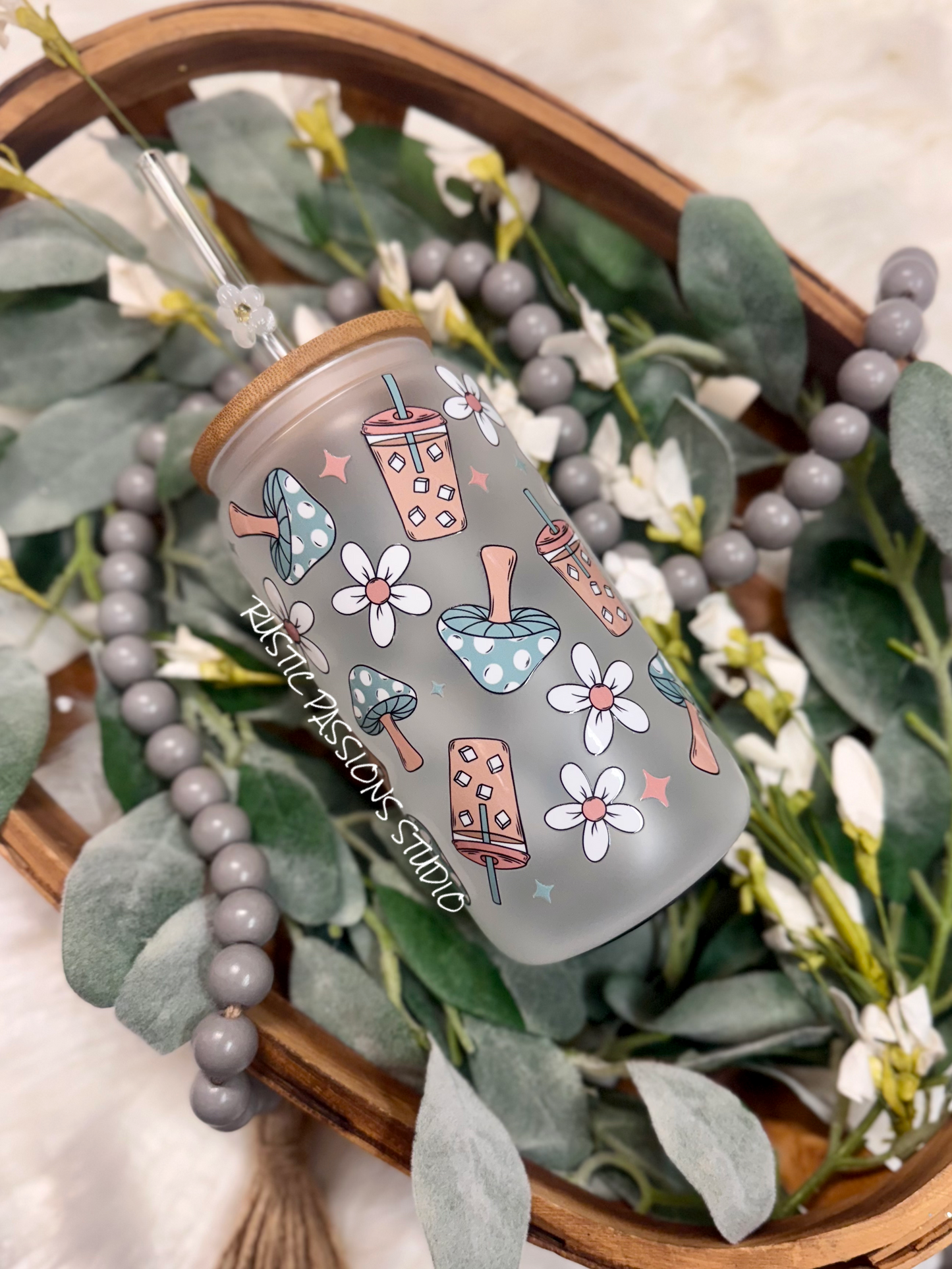 16 glass can Iced Coffee Tumbler with mushrooms and daisies