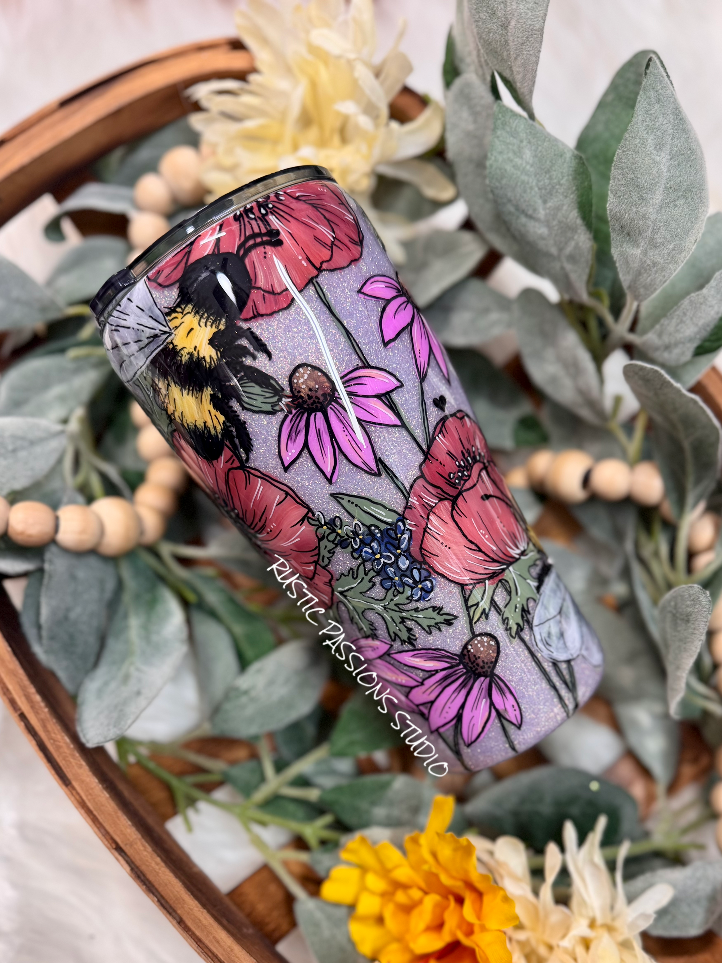Bee and Wildflowers Hand Painted 20oz curve