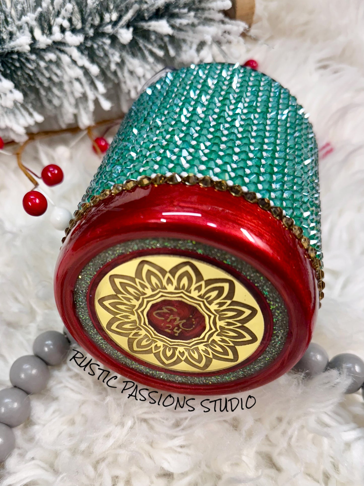 Green Smoke and Red rhinestone holiday tumbler 12 oz