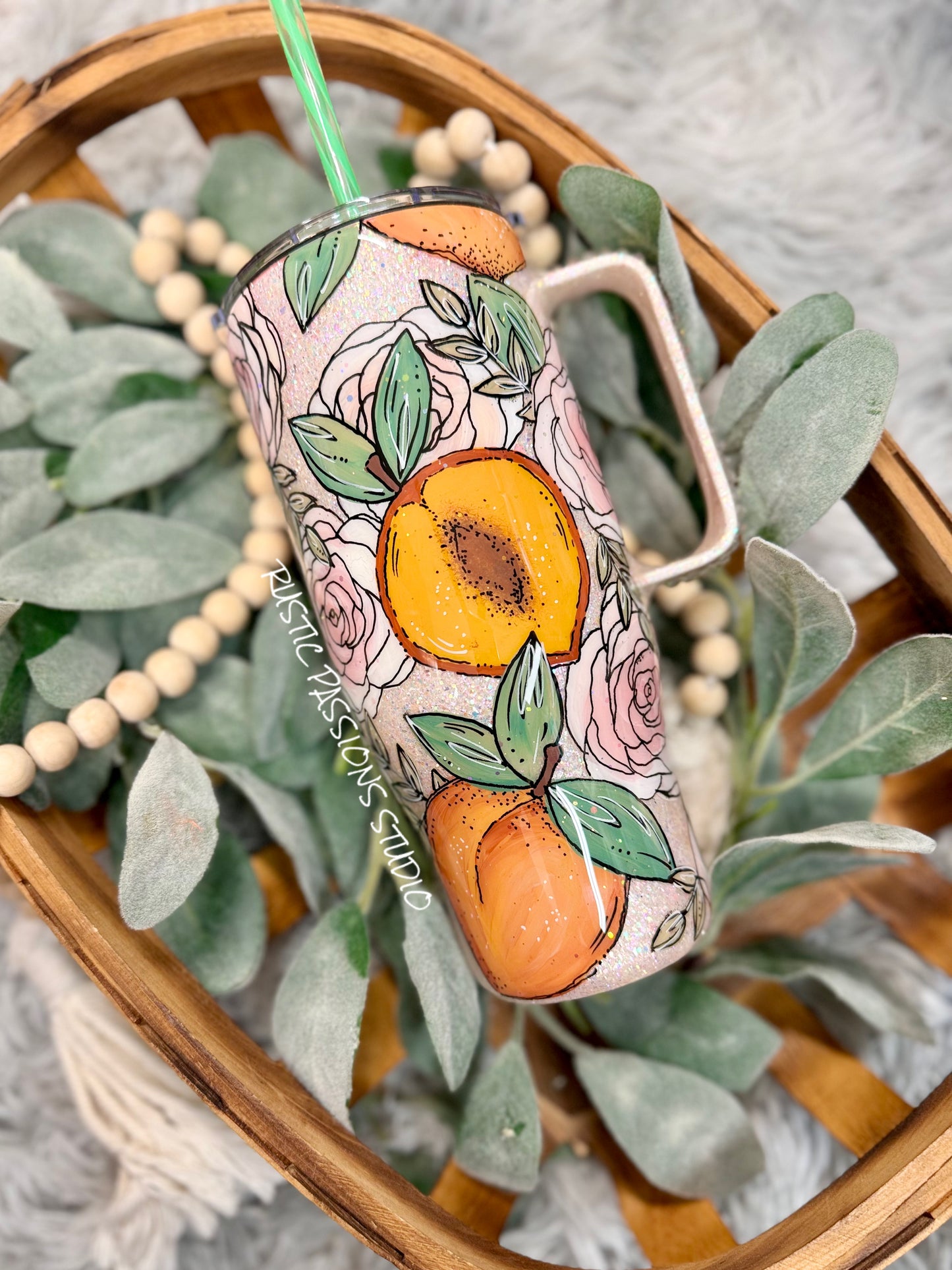 24 oz curve Hand painted floral peach and rhinestones handled tumbler