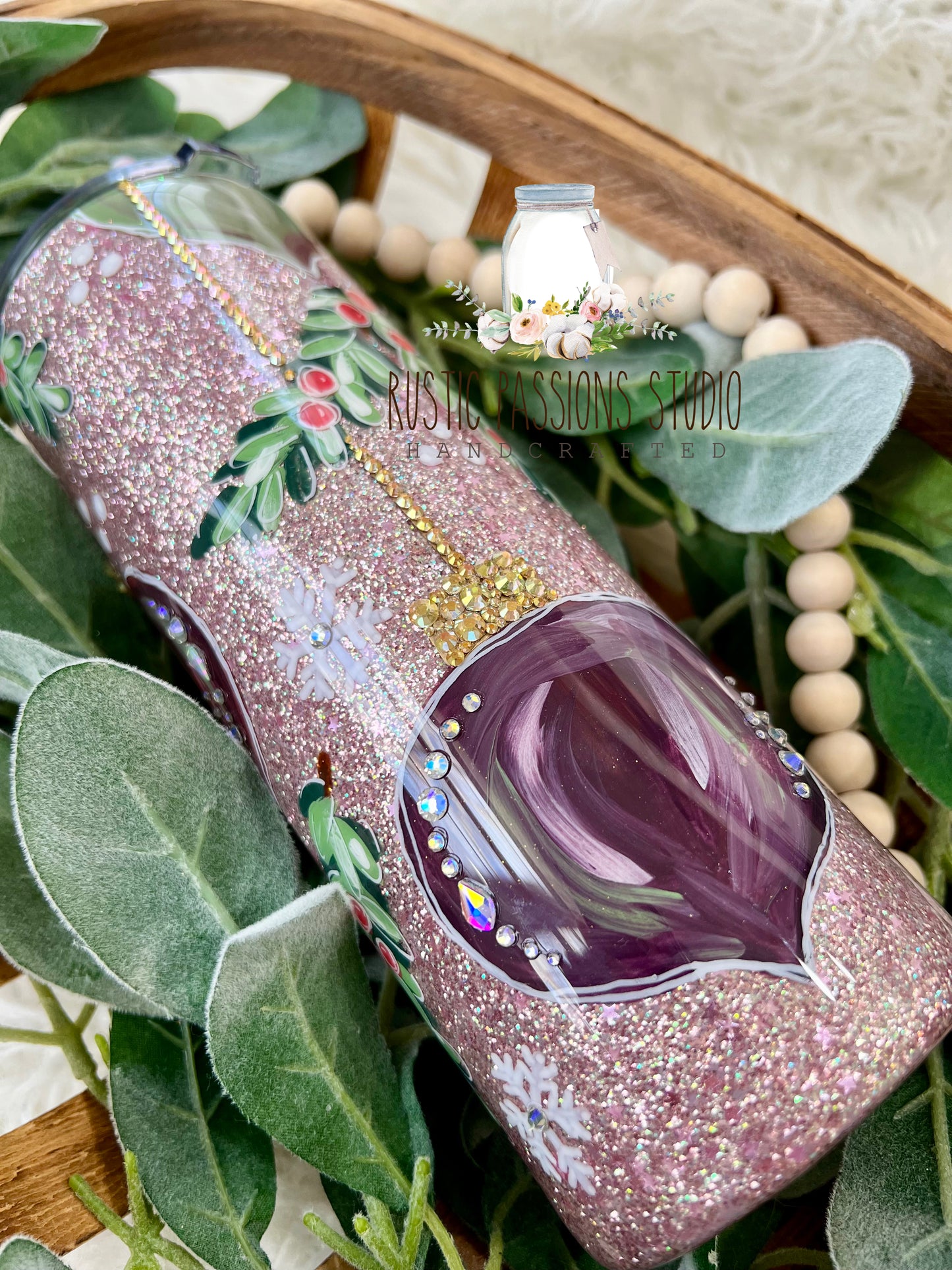 Hand painted ornament tumbler with rhinestones 24 oz plump tumbler