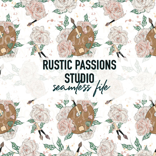 Paint Palette and Peonies Seamless White