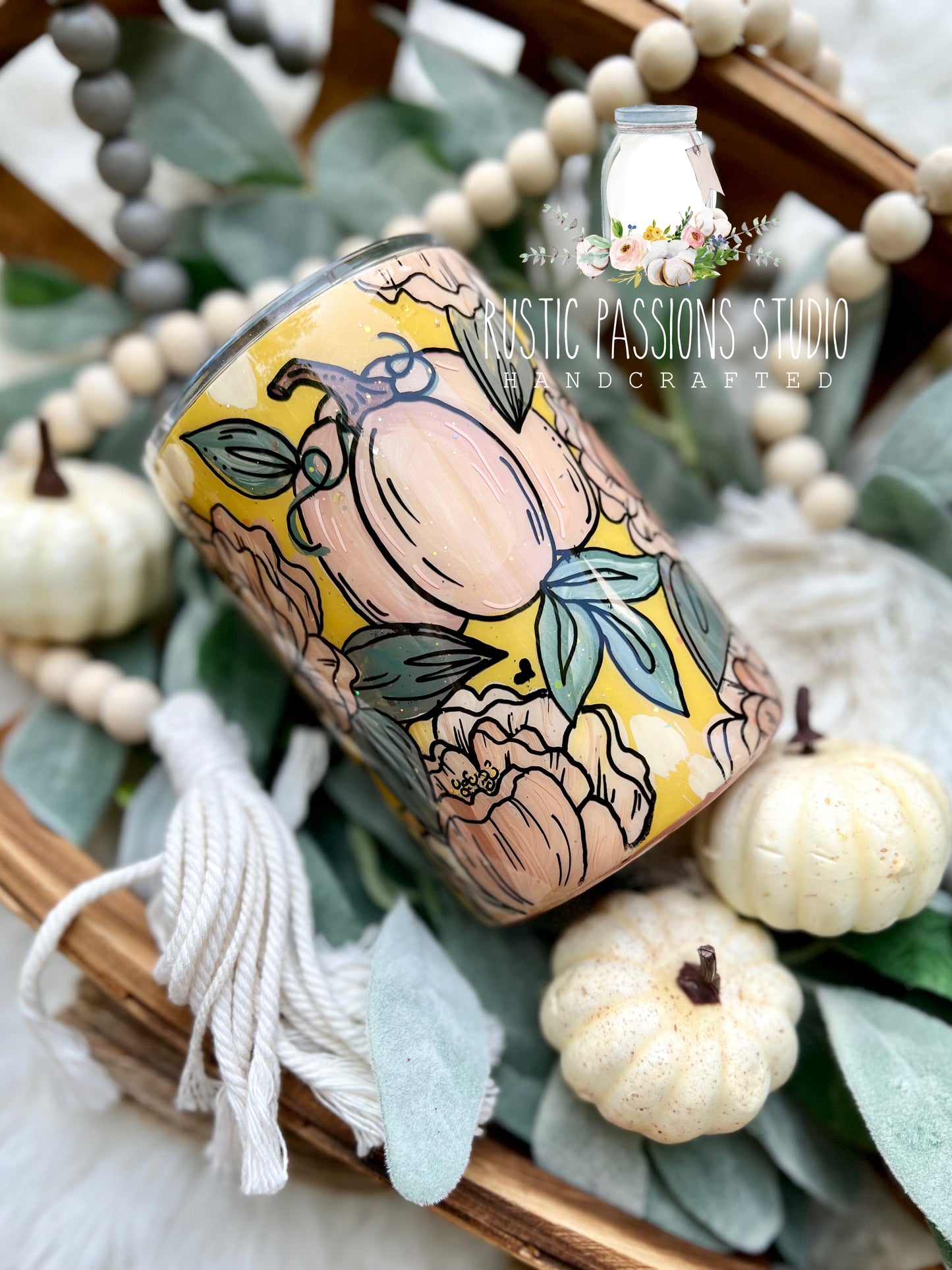 Fall hand painted floral pumpkin 12 oz lowball tumbler