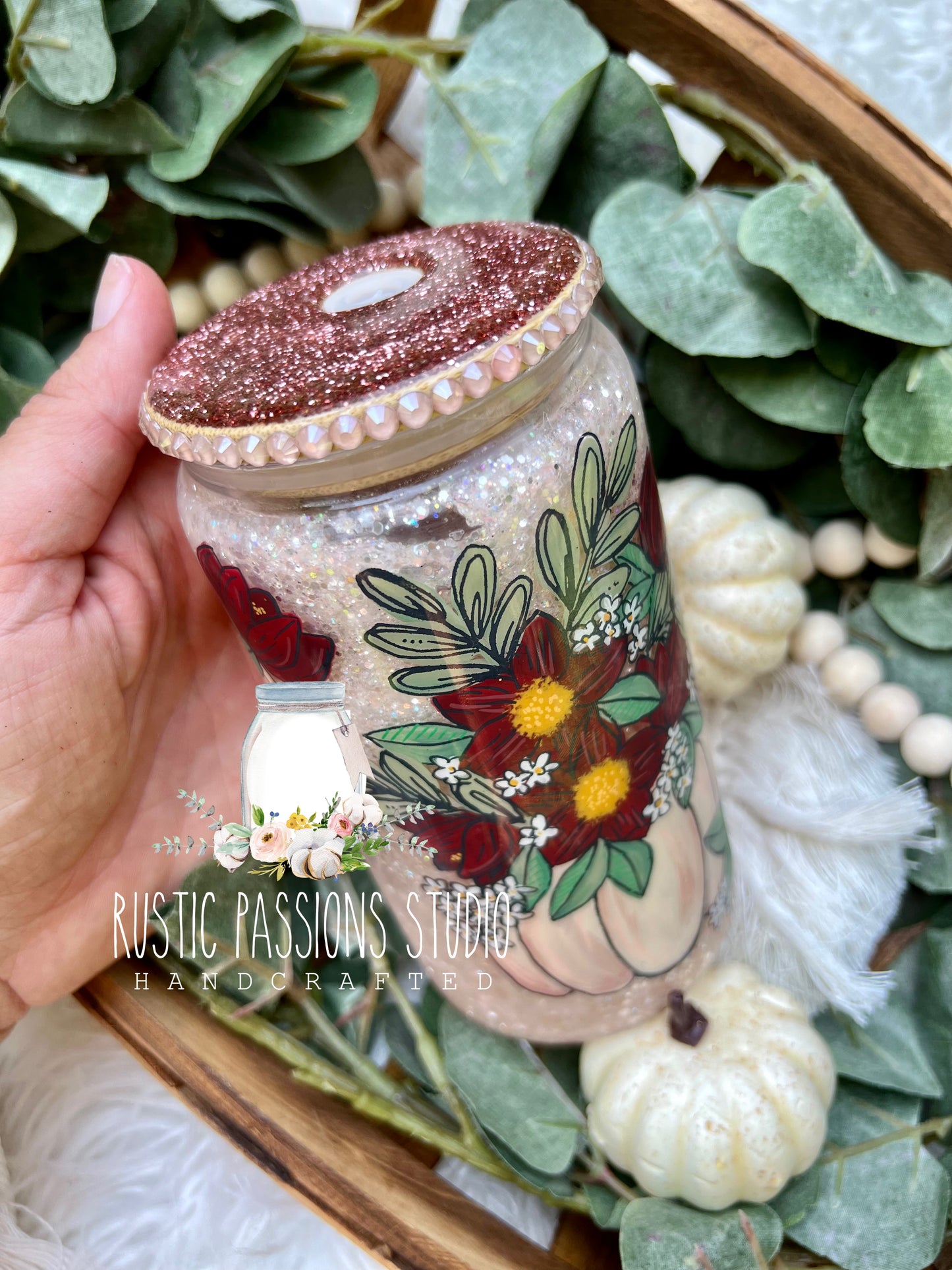 16 oz glass can painted snow globe