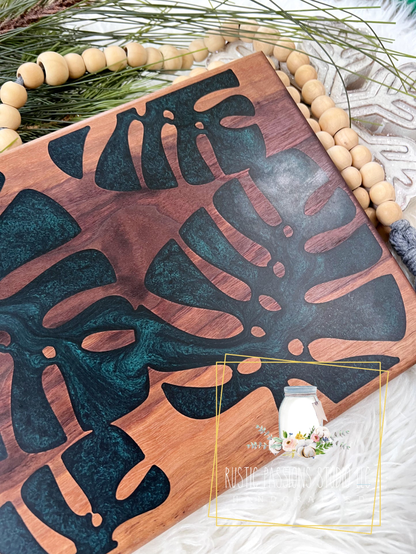 Monstera leaf resin and hardwood walnut charcuterie board