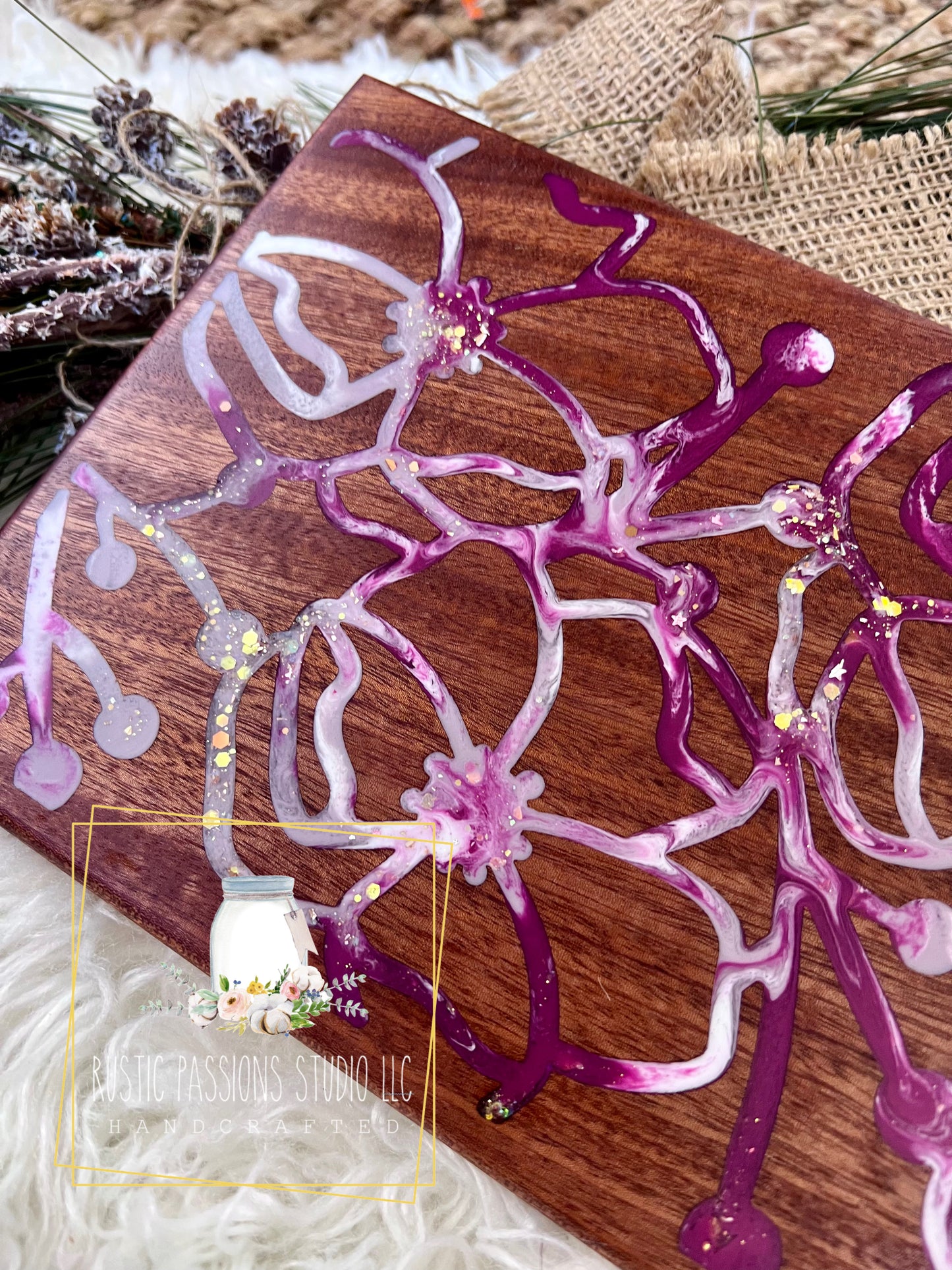 Abstract floral resin and mahogany charcuterie board
