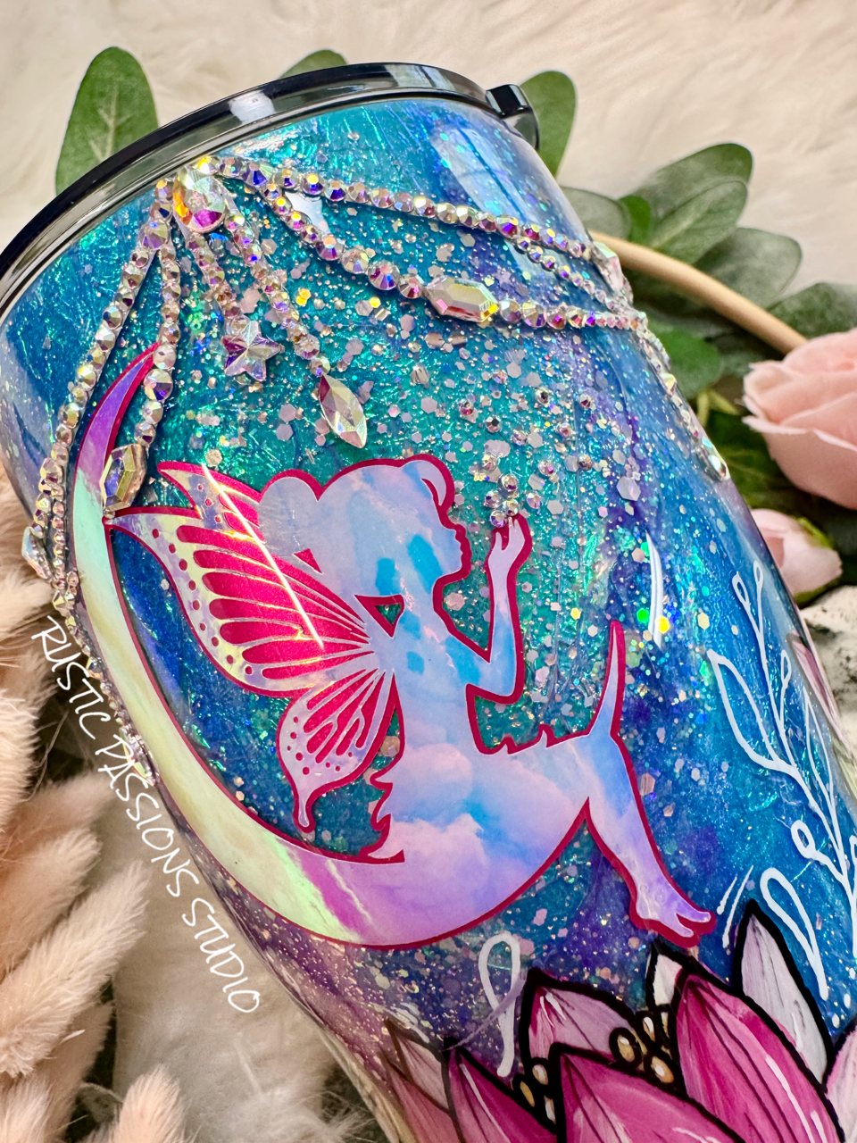Hand Painted 20 oz curve Fairy, Lotus Celestial Tumbler with Rhinestones