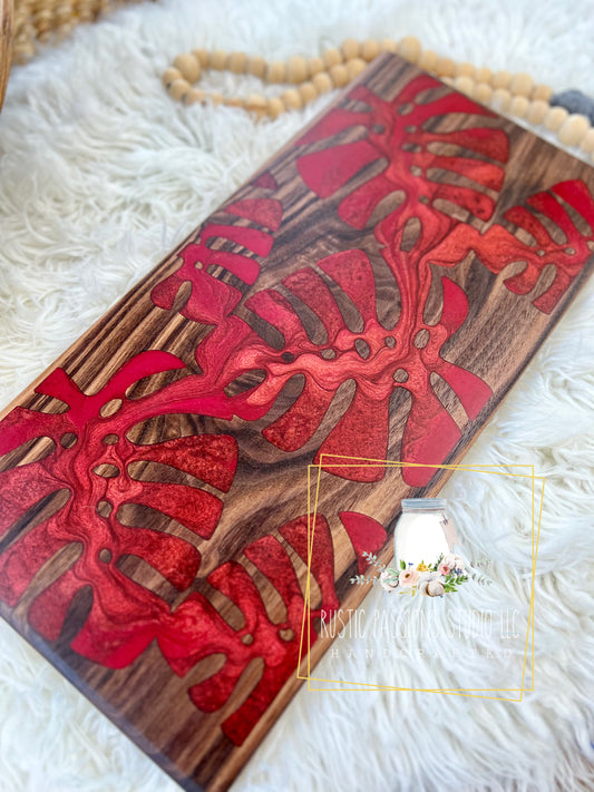 Red Monstera leaf resin and hardwood walnut charcuterie board