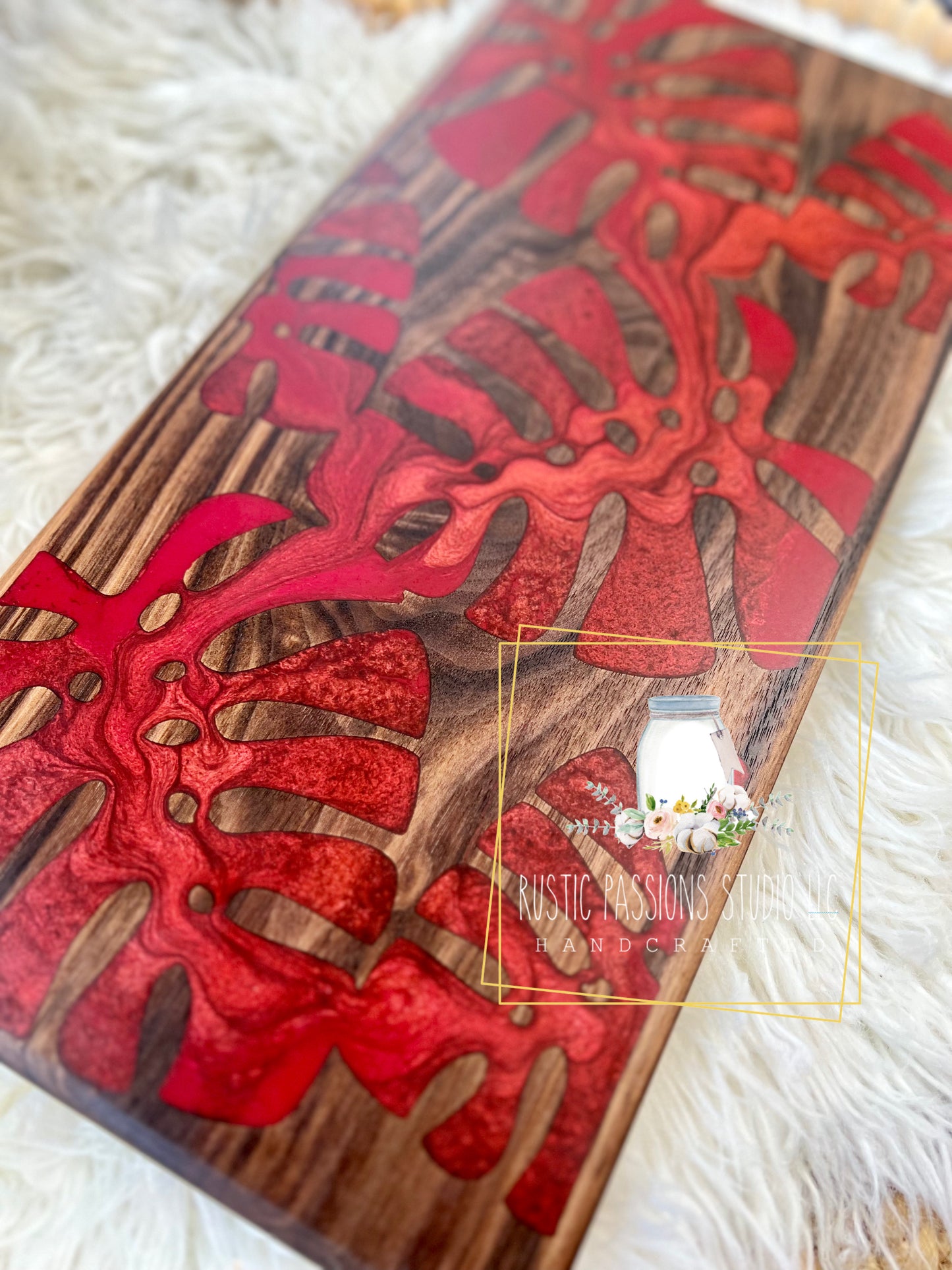 Red Monstera leaf resin and hardwood walnut charcuterie board