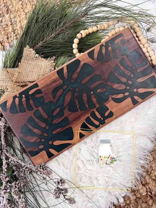 Monstera leaf resin and hardwood walnut charcuterie board