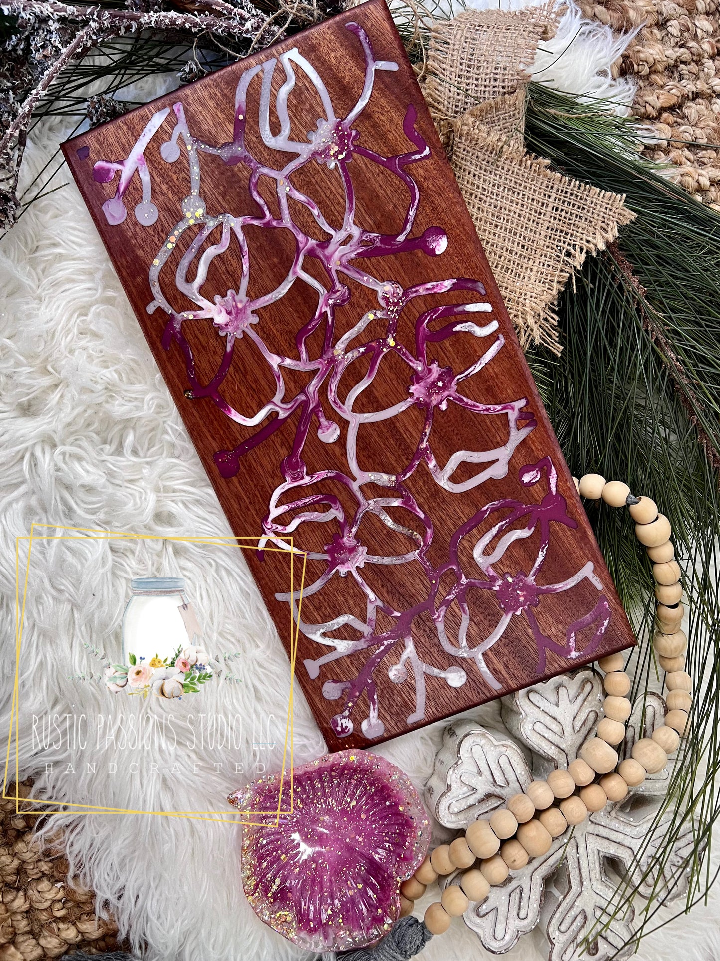 Abstract floral resin and mahogany charcuterie board