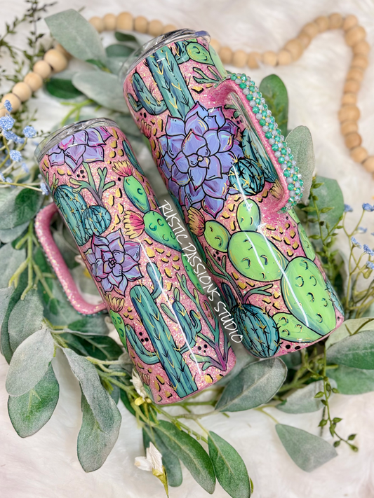 20 oz Hand painted succulent/cactus Tumbler and Rhinestone Handle