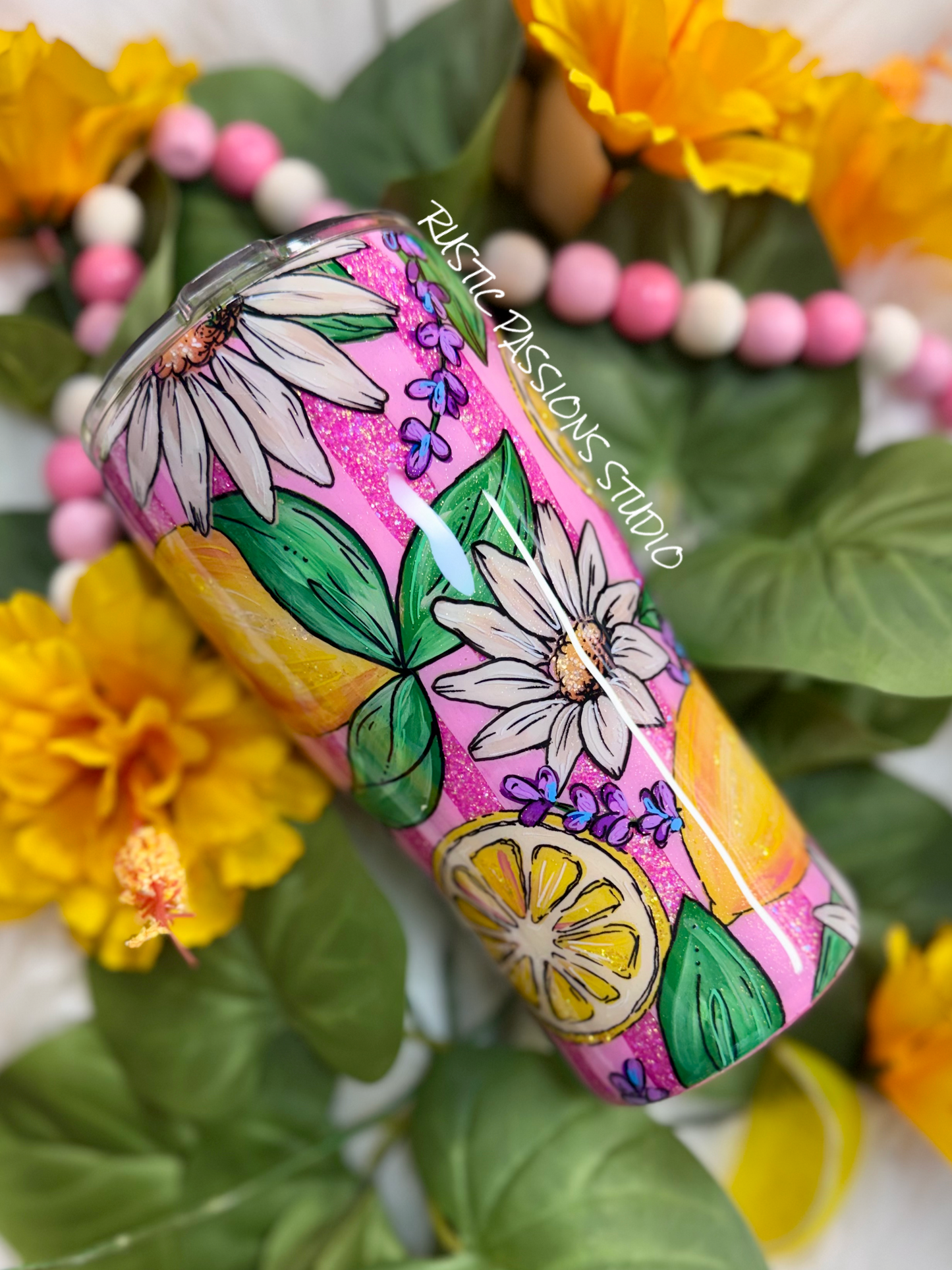 20 oz curve Lemon Daisy Hand Painted Tumbler #1
